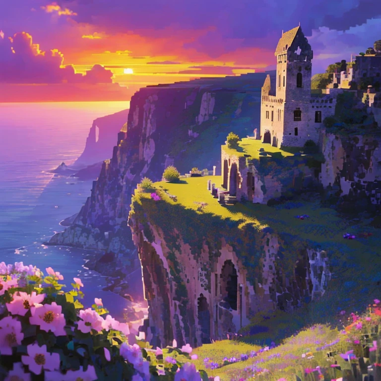 Ancient stone building on the cliff，Sunset，A lot of flowers，Rainbow after rain，（（（pixel style）））（（（mysterious atmosphere）））（（（masterpiece）））， （（best quality））， （（intricate details））（8k）
