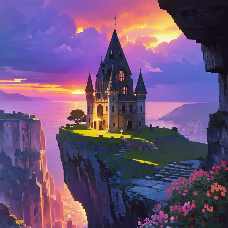 Ancient stone building on the cliff，Sunset，A lot of flowers，Rainbow after rain，（（（pixel style）））（（（mysterious atmosphere）））（（（masterpiece）））， （（best quality））， （（intricate details））（8k）
