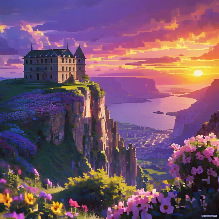 Ancient stone building on the cliff，Sunset，A lot of flowers，Rainbow after rain，（（（pixel style）））（（（mysterious atmosphere）））（（（masterpiece）））， （（best quality））， （（intricate details））（8k）
