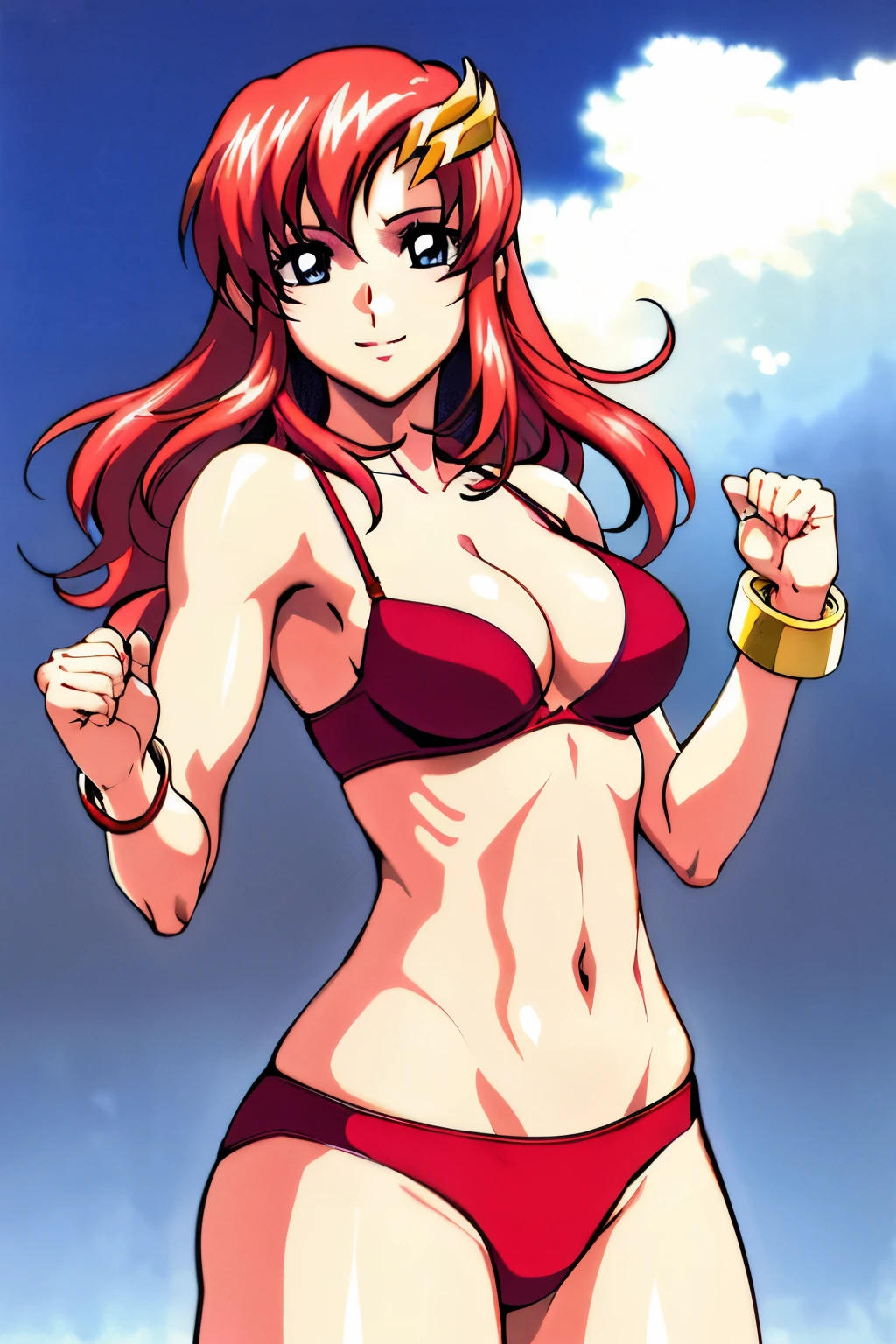 lacus4, (red bikini, groin lines), (masterpiece, cowboy shot, very slim shoulders, 4K, Best Quality, Anime style: 1.9, happy, Adult Woman, (ultra detailed head), (cloud background), Drawing lines, high resolution, lacus4), 1girl, Solo, curvy figure, Long hair, 鎖骨, scapular, (Detailed wide hair bangs, Hair Ornament, Detailed reddish-pink hair, shiny streaks, slim arms, detailed golden crest), cleavage, large hands, (hair cover shoulders). (Big blue eyes, shiny eyes), ((female wrestler, (slim body), little biceps, slim arms, closed fists, thighs)), ((perfect proportions, medium breasts, long belly)), ((totally red bra, neck band, bracelets))), smile, (standing, hot colors), detailed fingers, (bare shoulders)