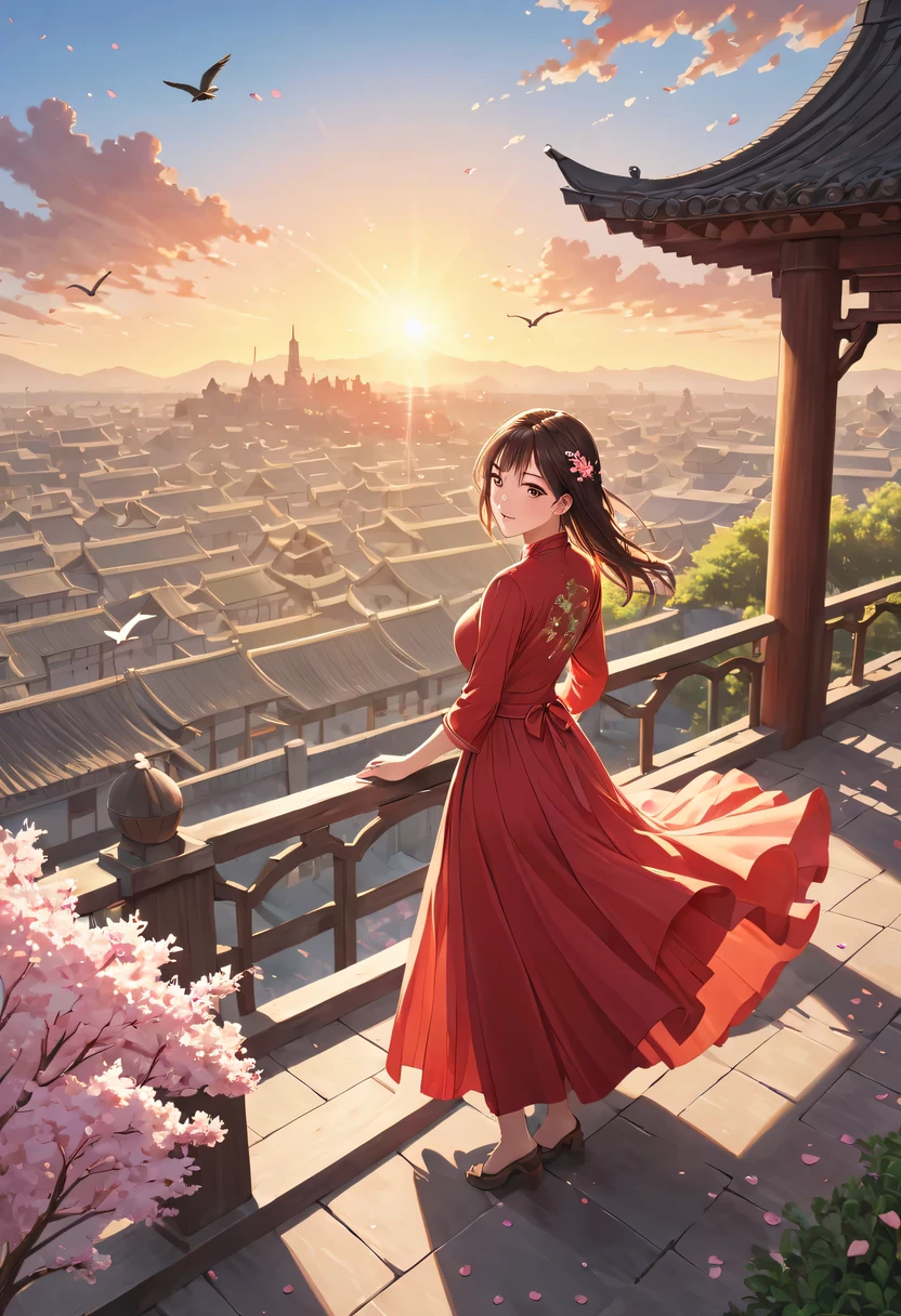(Girl in red,perched on top of house,Admire the distant skyline,sunset,ancient imperial city,cloud,falling petals,become sunny,historical capital, flock of wild geese) ,painting,Super detailed,bright colors,sharp focus,professional lighting,lifelike,human development report,enclosed garden,Blooming flowers completely cover the ground,There are multiple traditional buildings in the background,Carefully carved wooden structure,curved roof tiles,ancient stone wall and gate,Slender willow trees sway in the breeze,Cherry blossoms fall gently,Traditional Chinese clothing with intricate embroidery,detailed facial features,Expressive eyes and long eyelashes,Smiling lips,Soft sunlight illuminates the scene,peaceful atmosphere,Peaceful and idyllic, A combination of history and natural beauty, Ethereal and timeless.