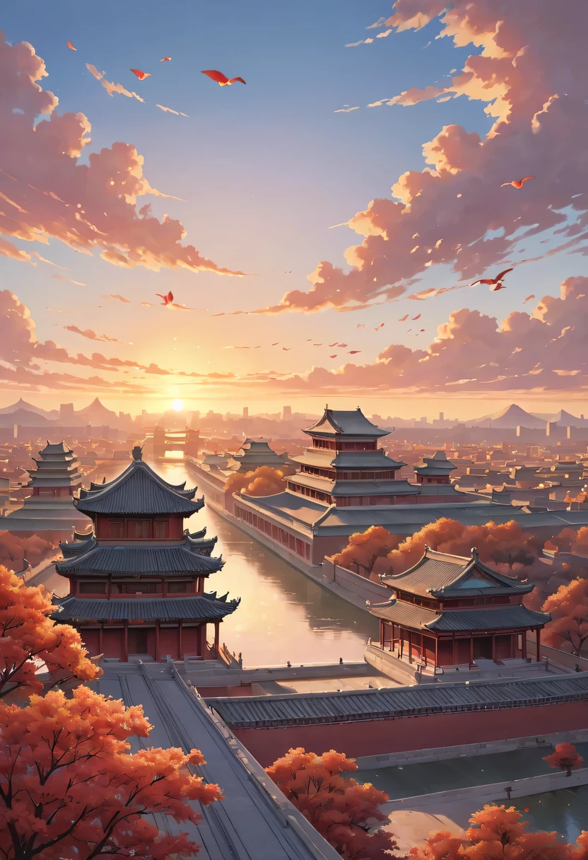 (best quality,4K,8k,high resolution,masterpiece:1.2),Super detailed,actual,Romantic,Chinese traditional style house,Lovers standing on the roof,Staring at the distant skyline,the sunset glow casting a beautiful scenery with the ancient capital city,the forbidden city,Colorful clouds,falling petals,Sunset over the city wall,ancient capital city,Wild geese flying in formation