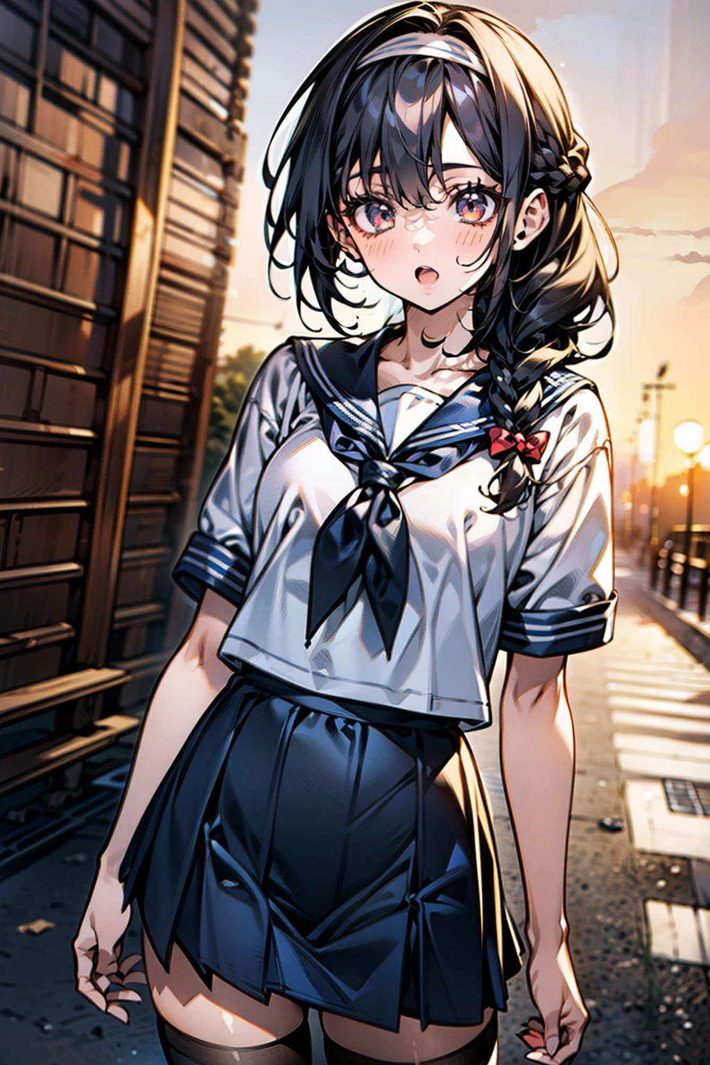 Body 8 times longer than head, (High-definition CG Unity 8K), (highest quality)，(very detailed)，(ultra high resolution), black hair, High school girl wearing a navy sailor suit, anime 2d rendering, realistic young anime , ((white headband)), small breast, tall, slanted eyes, (school scenery), black stockings, open your mouth a little, Dark blue skirt, braid hair,  Eat grilled octopus,