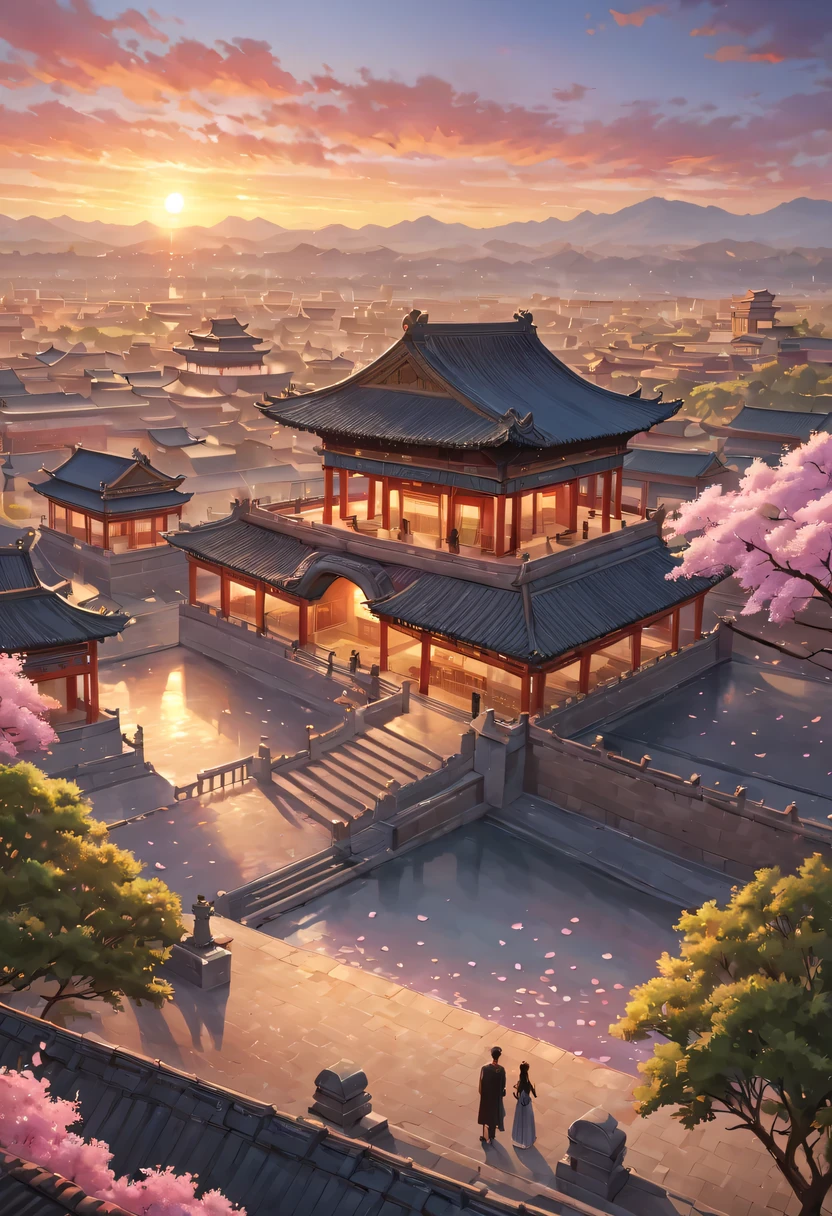 (best quality,4K,8k,high resolution,masterpiece:1.2),Super detailed,actual,Romantic,Chinese traditional style house,Lovers standing on the roof,Staring at the distant skyline,the sunset glow casting a beautiful scenery with the ancient capital city,the forbidden city,Colorful clouds,falling petals,Sunset over the city wall,ancient capital city,Wild geese flying in formation