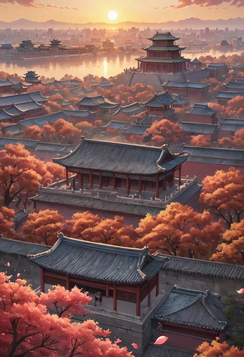 (best quality,4K,8k,high resolution,masterpiece:1.2),Super detailed,actual,Romantic,Chinese traditional style house,Lovers standing on the roof,Staring at the distant skyline,the sunset glow casting a beautiful scenery with the ancient capital city,the forbidden city,Colorful clouds,falling petals,Sunset over the city wall,ancient capital city,Wild geese flying in formation