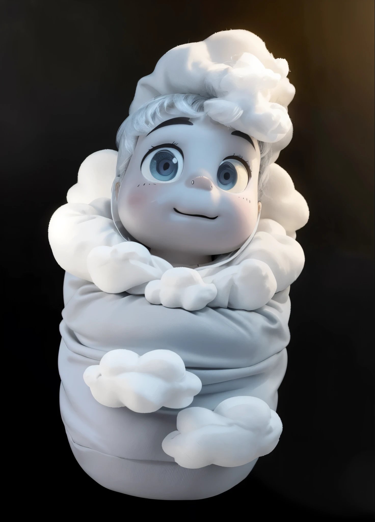 there is a small toy of a baby in a blanket, chibi cute cartoon creature, cloud cartoon character, clouds at head, soft 3d render, stylized as a 3d render, 3 d render stylized, stylized 3d render,  smooth 3d model, rim light, best quality, 4k, masterpiece:1.2, ultra-detailed, realistic, vivid colors, dark and moody lighting, The image of the highest quality, ensuring every detail showcased perfectly. It in 4k resolution, allowing viewers to immerse themselves in the richness of the colors and intricate details. The realistic rendering. under the spotlight, reflecting, high-resolution image, realistic rendering, dark background, and rim light, multiple light sources, rim light, sharp post effects render, 