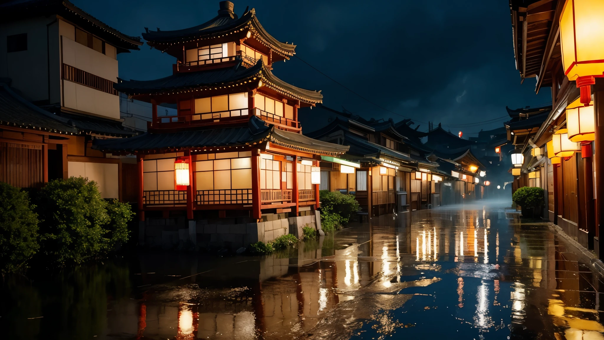 village view,There are a lot of lights on the building, Dream China Town, china village, amazing wallpapers, Japantown, japanese village, surreal photo of a small town, old asian village, Japantown市, author:Raymond Han, rainy night, Cyberpunk Chinese Ancient Castle, Beautifully lit buildings, when it rains at night, Beautiful and beautiful, photography, Normal, 8k, high detail ((downpour)))