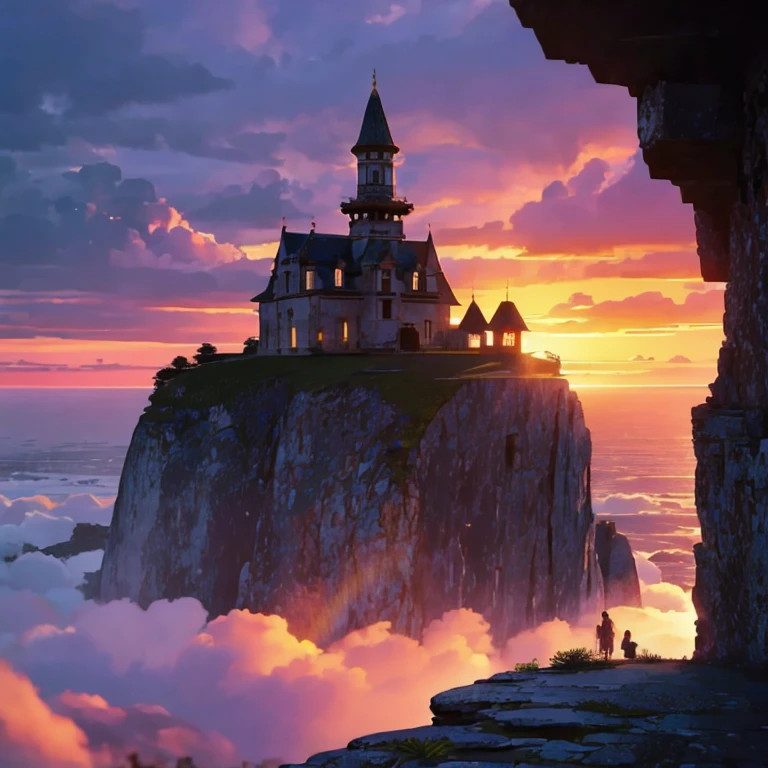 Ancient stone mysterious building on the cliff，Sunset，A lot of flowers，Rainbow after rain，（（（pixel style）））（（（mysterious atmosphere）））（（（masterpiece）））， （（best quality））， （（intricate details））（8k）
