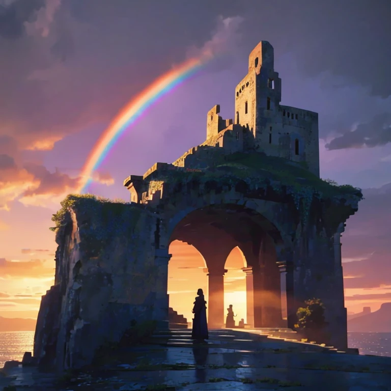 Ancient stone mysterious building on the cliff，Sunset，A lot of flowers，Rainbow after rain，（（（pixel style）））（（（mysterious atmosphere）））（（（masterpiece）））， （（best quality））， （（intricate details））（8k）
