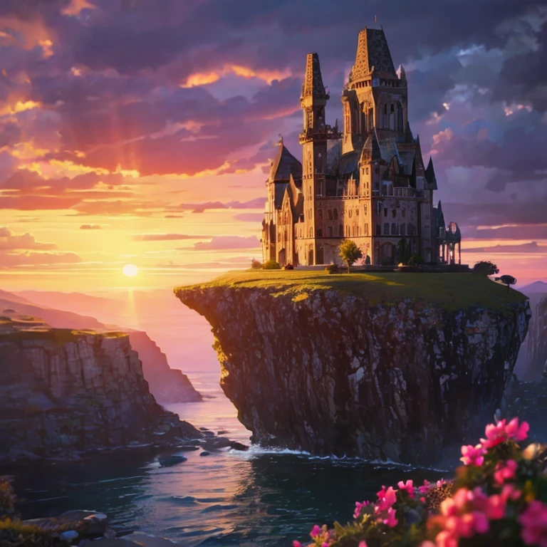 Ancient stone mysterious building on the cliff，Sunset，A lot of flowers，Rainbow after rain，（（（pixel style）））（（（mysterious atmosphere）））（（（masterpiece）））， （（best quality））， （（intricate details））（8k）
