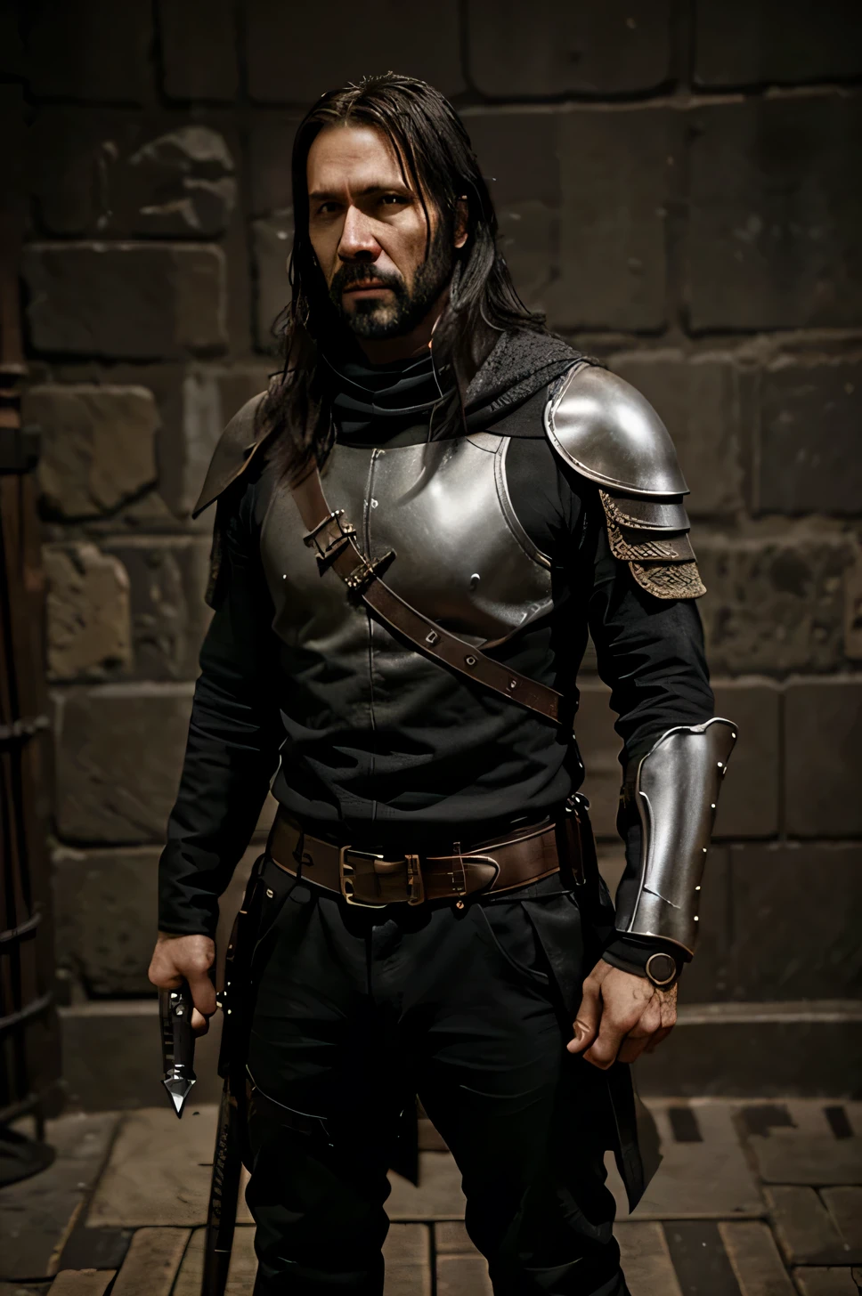 JHON WICK COM ARMADURA MEDIEVAL DE CAVALEIRO PRETA COM ESPADA E ESCUDO