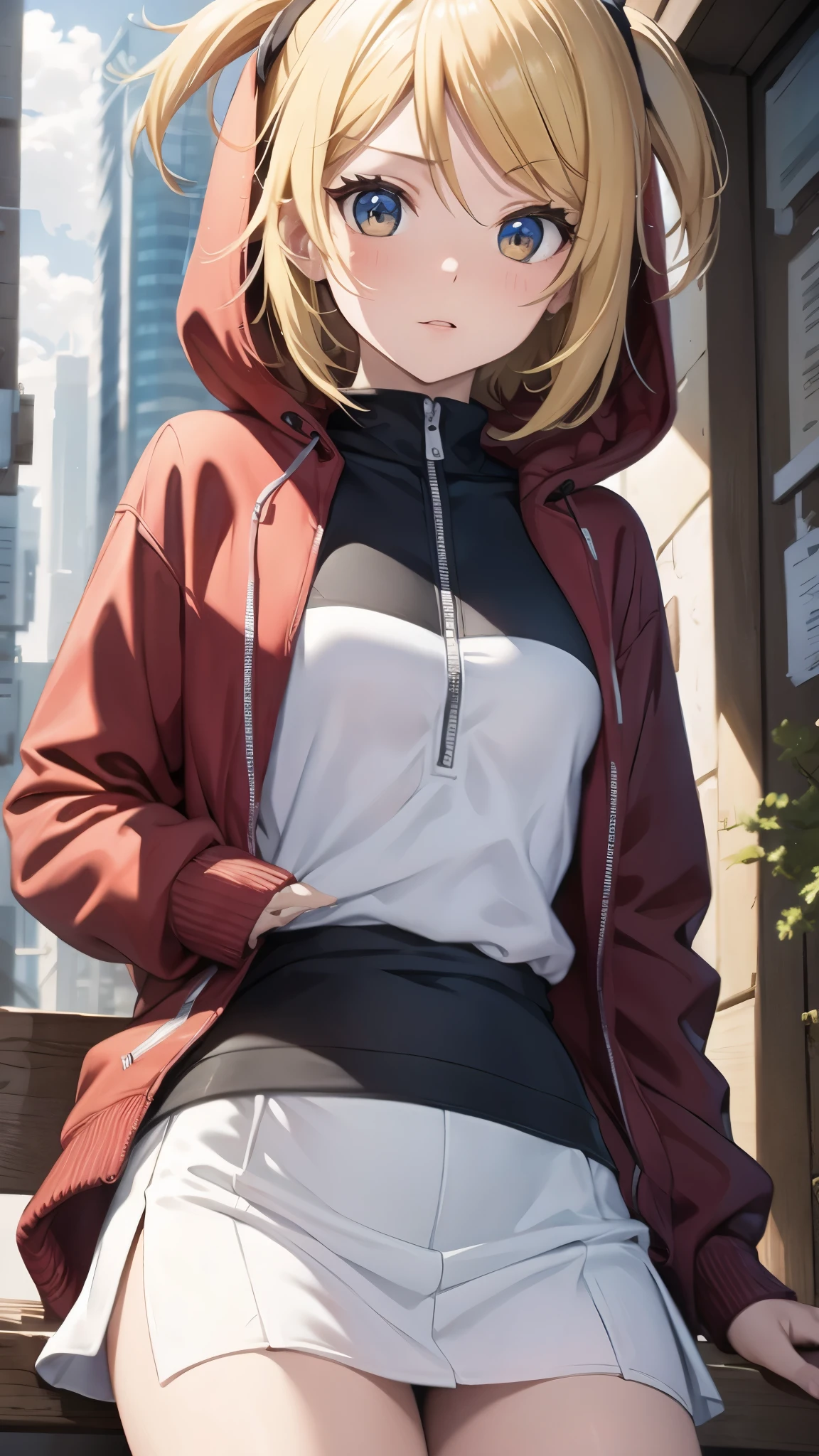Kagamine rin , 1 girl , wearing a red hooded sweater , white miniskirt with gold horizontal lines , viendo al espectador , bragas visibles , rostro seductor ,(imagen de ultra alta calidad 8k ) obra maestra ( high-definition picture ) , maximum image resolution , ( detalles de la imagen bien definidos )