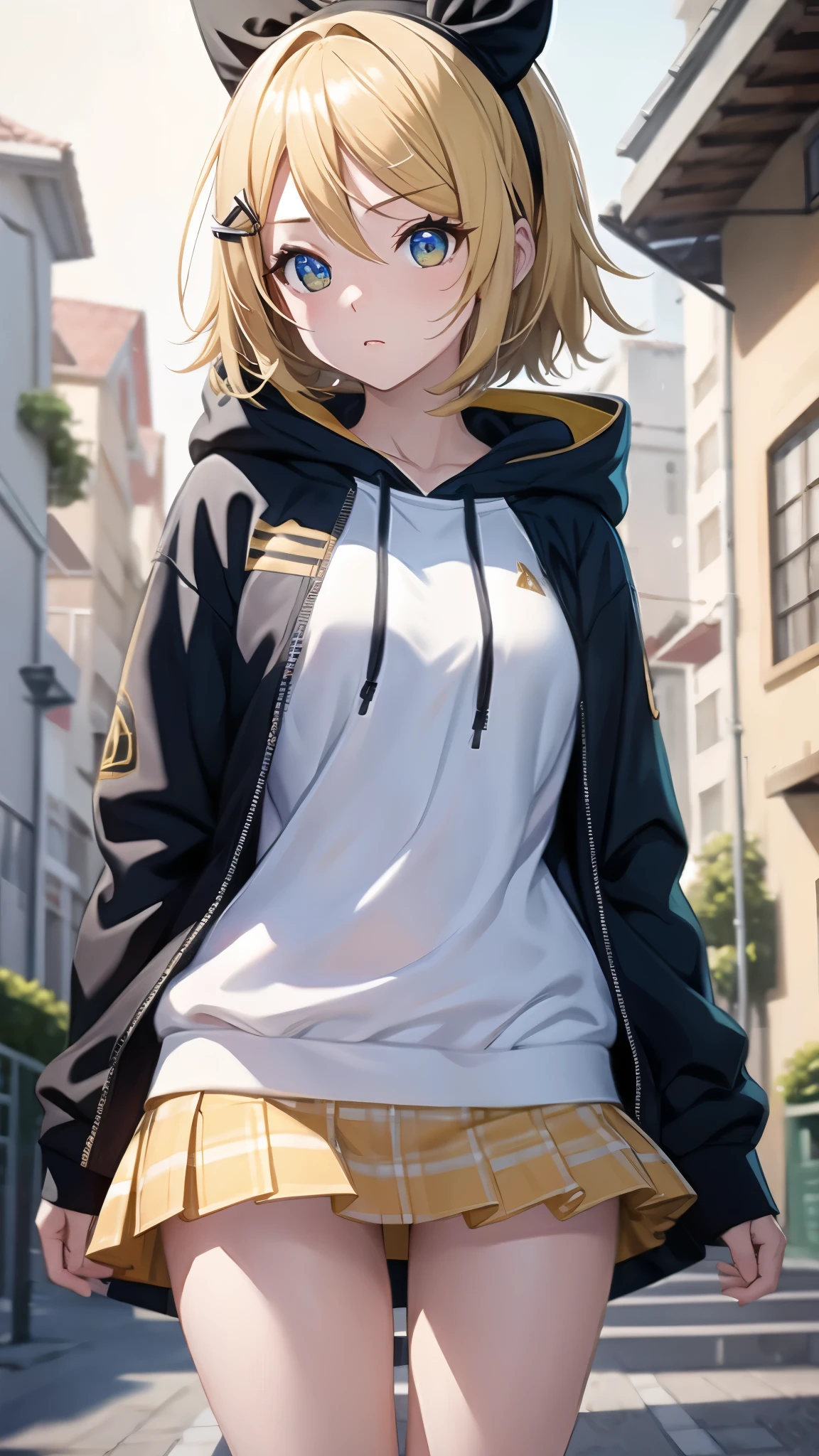 Kagamine rin , 1 girl , wearing a red hooded sweater , white miniskirt with gold horizontal lines , viendo al espectador , bragas visibles , rostro seductor ,(imagen de ultra alta calidad 8k ) obra maestra ( high-definition picture ) , maximum image resolution , ( detalles de la imagen bien definidos )
