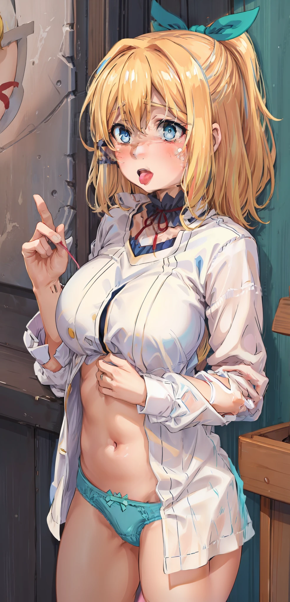best quality, (masterpiece:1.2), detailed, medieval,
Rumia Tingel,
1girl, solo, ((blush)),
medium hair, blonde hair, short ponytail, blue eyes, green bow, x hair ornament,
(((blue eyes, ultra-detailed eyes))),
Dynamic pose, ((blush)), medium breasts,  medium hair,  background, perfect anatomy, healthy skin,  glowing eyes, cat ears, (((((underwear))))). ((Tongue, saliva))