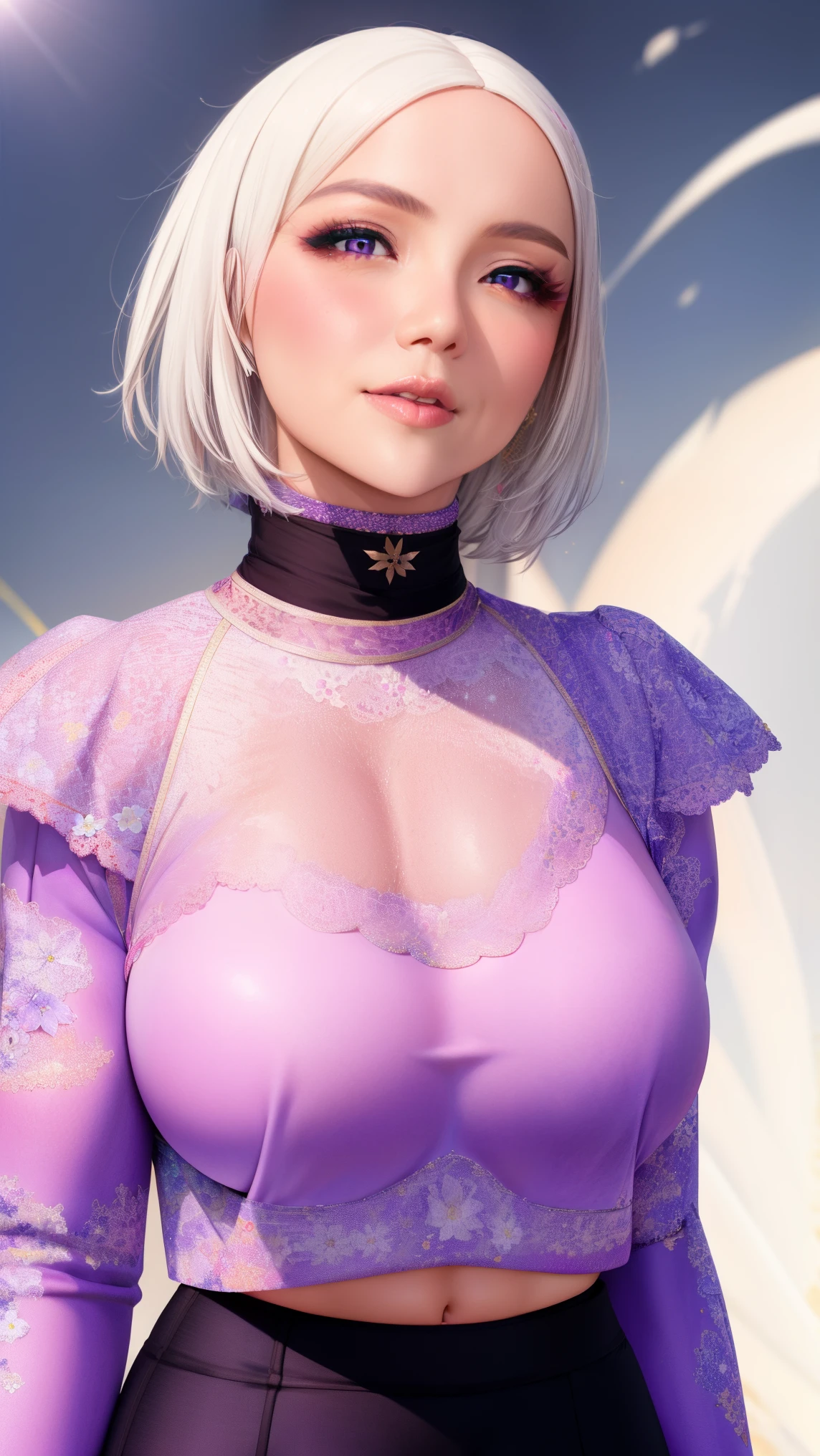 realistic, 1girl, white hair, purple eyes, glowing eyes, bare shoulder, crop top, skirt, parted lips, blush, night, flowers, sun, sunlight, looking at viewer, detailed face, detailed eyes, detailed texture,