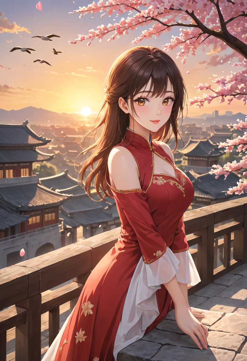 (Girl in red,perched on top of house,Admire the distant skyline,sunset,ancient imperial city,cloud,falling petals,become sunny,historical capital, flock of wild geese) ,painting,Super detailed,bright colors,sharp focus,professional lighting,lifelike,human development report,enclosed garden,Blooming flowers completely cover the ground,There are multiple traditional buildings in the background,Carefully carved wooden structure,curved roof tiles,ancient stone wall and gate,Slender willow trees sway in the breeze,Cherry blossoms fall gently,Traditional Chinese clothing with intricate embroidery,detailed facial features,Expressive eyes and long eyelashes,Smiling lips,Soft sunlight illuminates the scene,peaceful atmosphere,Peaceful and idyllic, A combination of history and natural beauty, Ethereal and timeless.