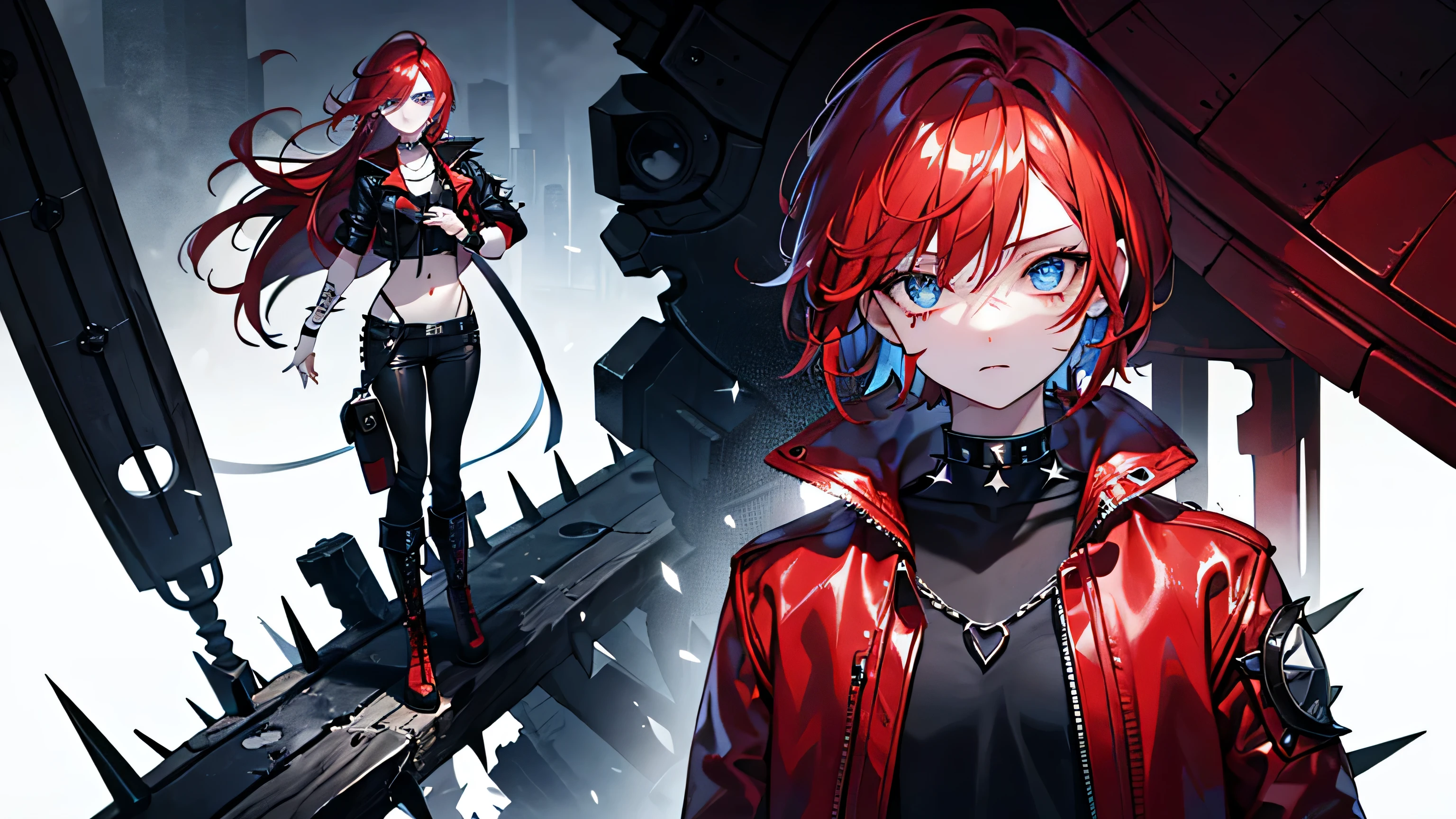 A pale girl with short spiky red hair and bangs., chaqueta de cuero roja y camisa negra debajo, pantalones negros, botas negras y rojas, Gothic Accessories, Choker with spikes, two vertical tattoos of black tears in her eyes, expresivos ojos azules, imponente, intenso, dramatic, Imagen 1:3, mirando al espectador, Cabezal de enfoque, attention-grabbing, elegante, de pie, estilo de portada:1.3, absurdos, cara perfecta, obra maestra, moda, Moderno, frente al espectador