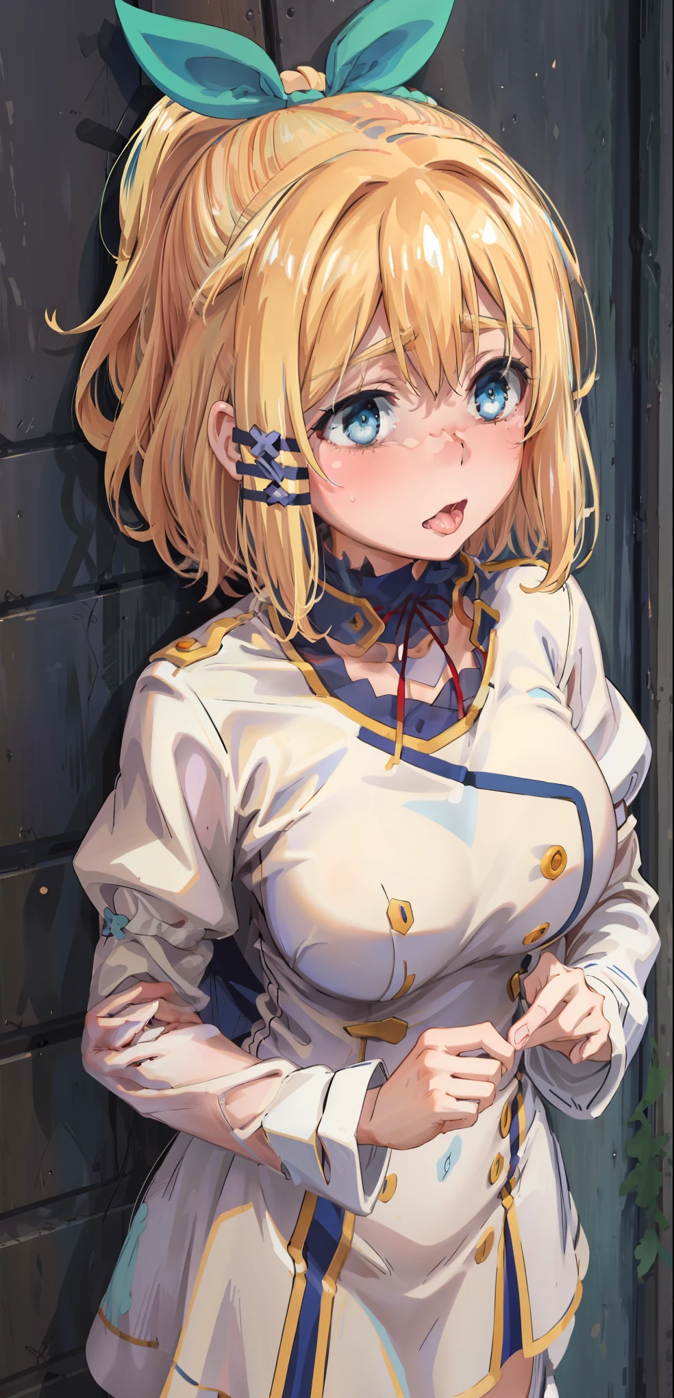 best quality, (masterpiece:1.2), detailed, medieval,
Rumia Tingel,
1girl, solo, ((blush)),
medium hair, blonde hair, short ponytail, blue eyes, green bow, x hair ornament,
(((blue eyes, ultra-detailed eyes))),
Dynamic pose, ((blush)), medium breasts,  medium hair,  background, perfect anatomy, healthy skin,  glowing eyes, cat ears. ((Tongue, saliva))