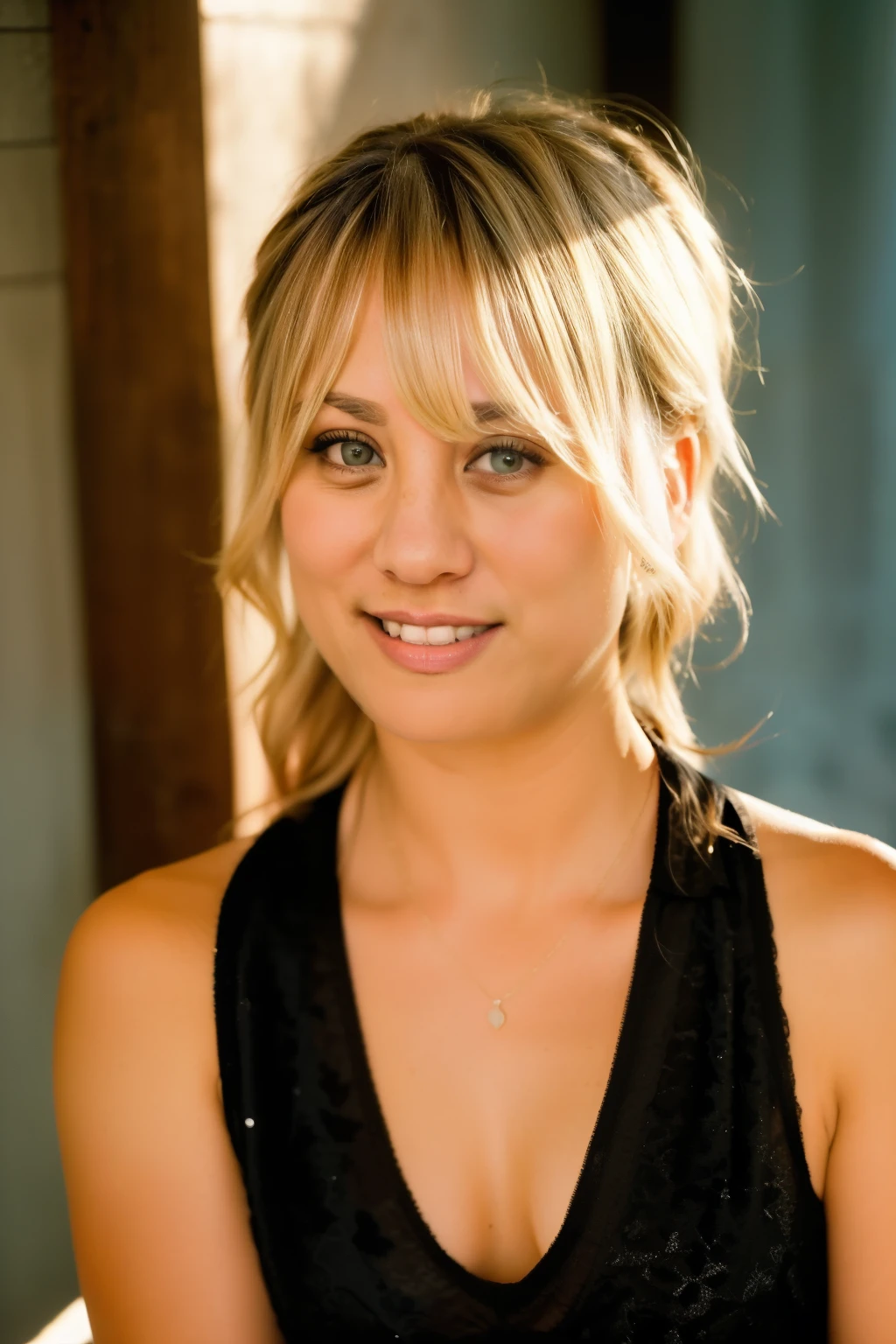 Kaley Cuoco, KaleyLoRA1, RAW photo, face portrait photo of beautiful 26 y.o Kaley , cute face, wearing black dress, happy face, hard shadows, cinematic shot, dramatic lighting, natural light, 50mm fuji film, film grain, texture