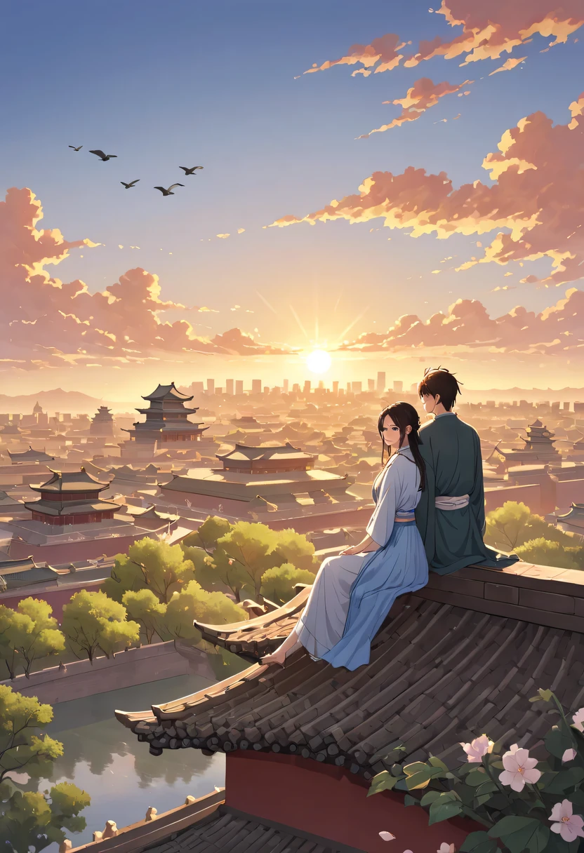 Couple wearing Hanfu sitting on the roof，Gaze at the distant skyline，The sunset and the ancient capital create beautiful scenery together，the forbidden city，cloud，fallen flowers，Sunset，ancient city，wild geese