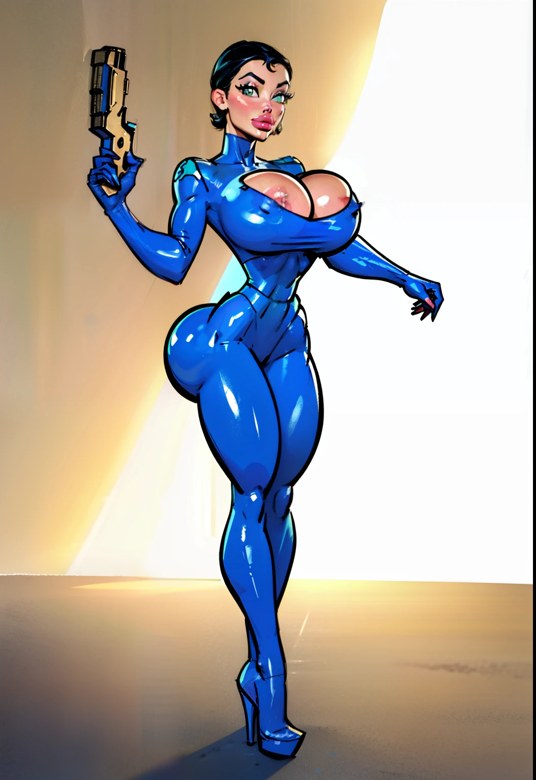 ((Masterpiece)), (realistic illustration), blush, smile, glowing aura, natural light, masterpiece,  glossy skin, juicy lips , sexy, hot, cleavage, evil,juicy lips, (agent honeydew), gun holster, ((blue bodysuit)), ((slendered abs)), slender Waist, black hair, short hair,  (dark lighting:1.4), wide eyes, green eyes, (gigantic breasts:1.3), blue legs, blue torso, dark lighting, (blue heels), blue legs, blue arms, ((blue breasts:1.2)), ((blue bodysuit :1.3)), (detailed face), perfect hands, 2 arms