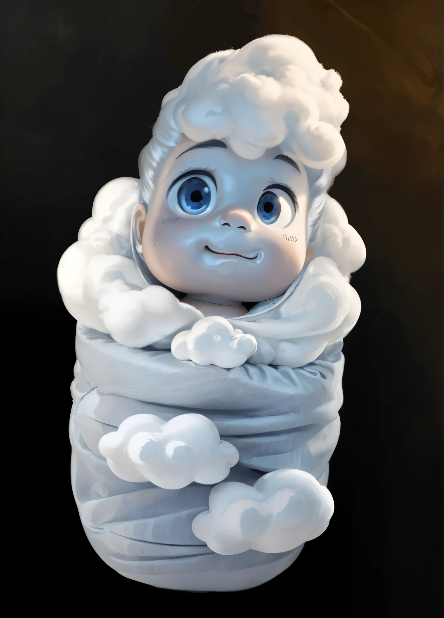 there is a small toy of a baby in a blanket, chibi cute cartoon creature, cloud cartoon character, clouds at head, clouds texture, soft 3d render, stylized as a 3d render, 3 d render stylized, stylized 3d render,  smooth 3d model, rim light, best quality, 4k, masterpiece:1.2, ultra-detailed, realistic, vivid colors, dark and moody lighting, The image of the highest quality, ensuring every detail showcased perfectly. It in 4k resolution, allowing viewers to immerse themselves in the richness of the colors and intricate details. The realistic rendering. under the spotlight, reflecting, high-resolution image, realistic rendering, dark background, and rim light, multiple light sources, rim light, sharp post effects render, 