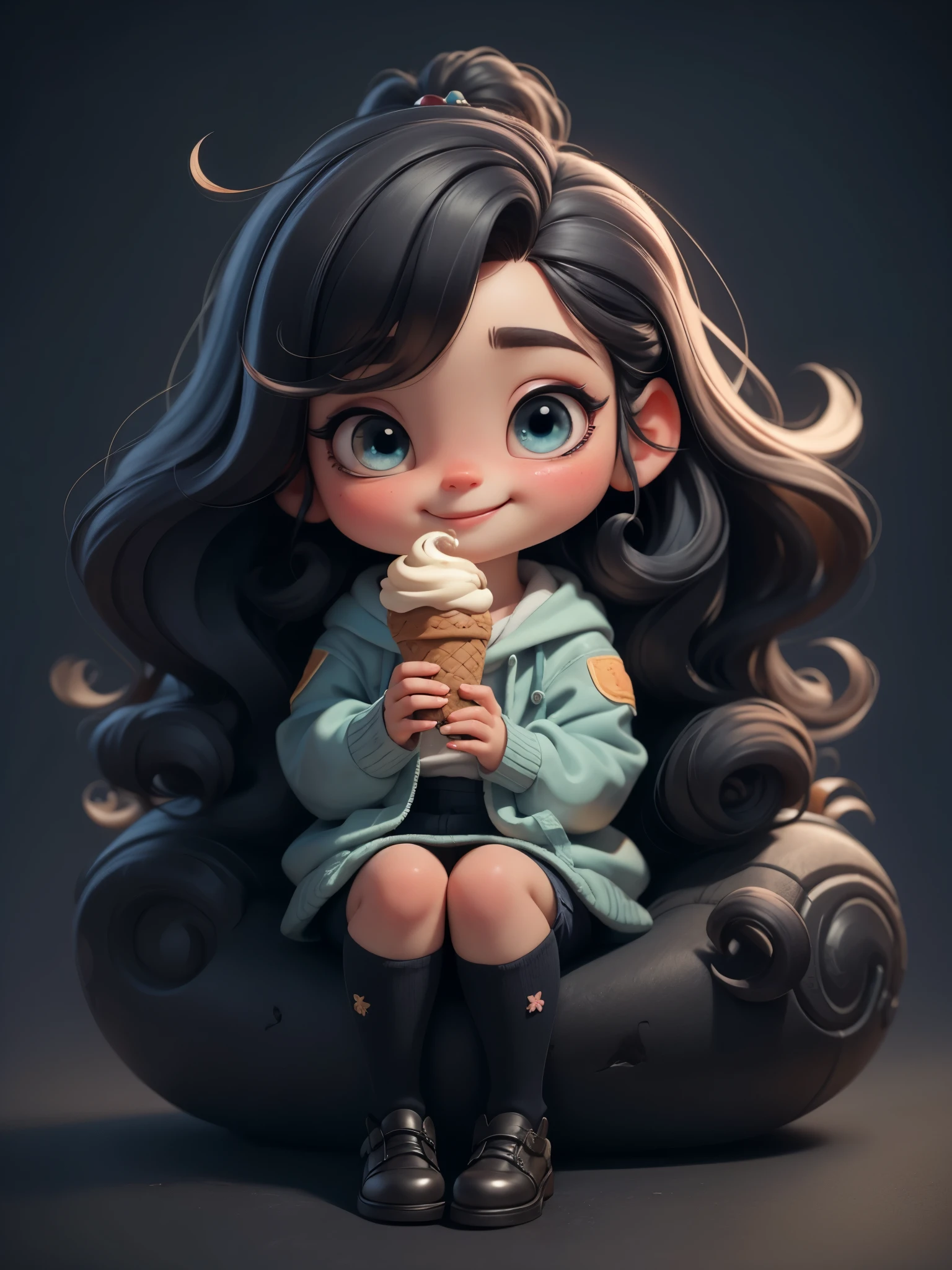  (masterpiece: 1.2)， (best quality)，Cute chibi style doll，eating ice cream,stick out your tongue,sitting,(best quality), ((masterpiece)), (high resolution)，(happy)，Happy，happy，Long curly hair。(intricate details) ，(8k)， (exquisite eyes) (sharp focus), 