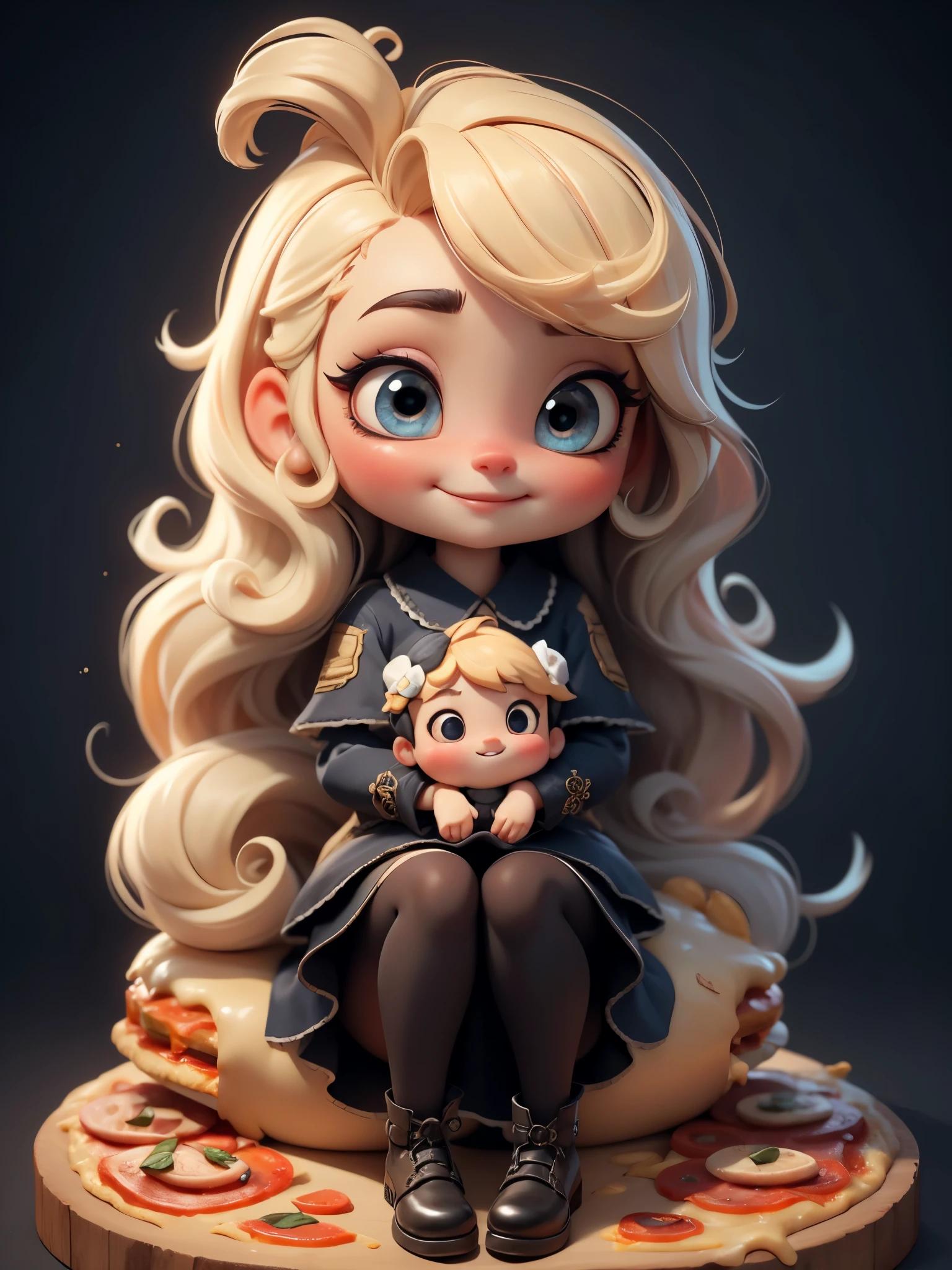 (masterpiece: 1.2), (best quality),Cute chibi style doll,Taste delicious pizza,sitting,(best quality), ((masterpiece)), (high resolution),(happy),Happy,happy,Long curly hair。(intricate details) ,(8k), (exquisite eyes) (sharp focus),