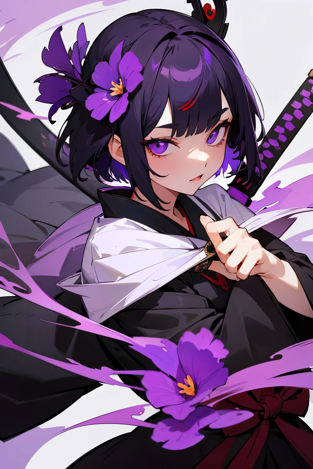 1 girl, short hair, black hair with purple highlights, violet eyes, haori with violet flowers, katana in the right hand, tengu mask on the right side on her head