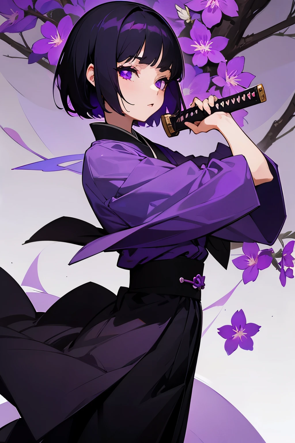 1 girl, short hair, black hair with purple highlights, violet eyes, haori with violet flowers, katana in the right hand