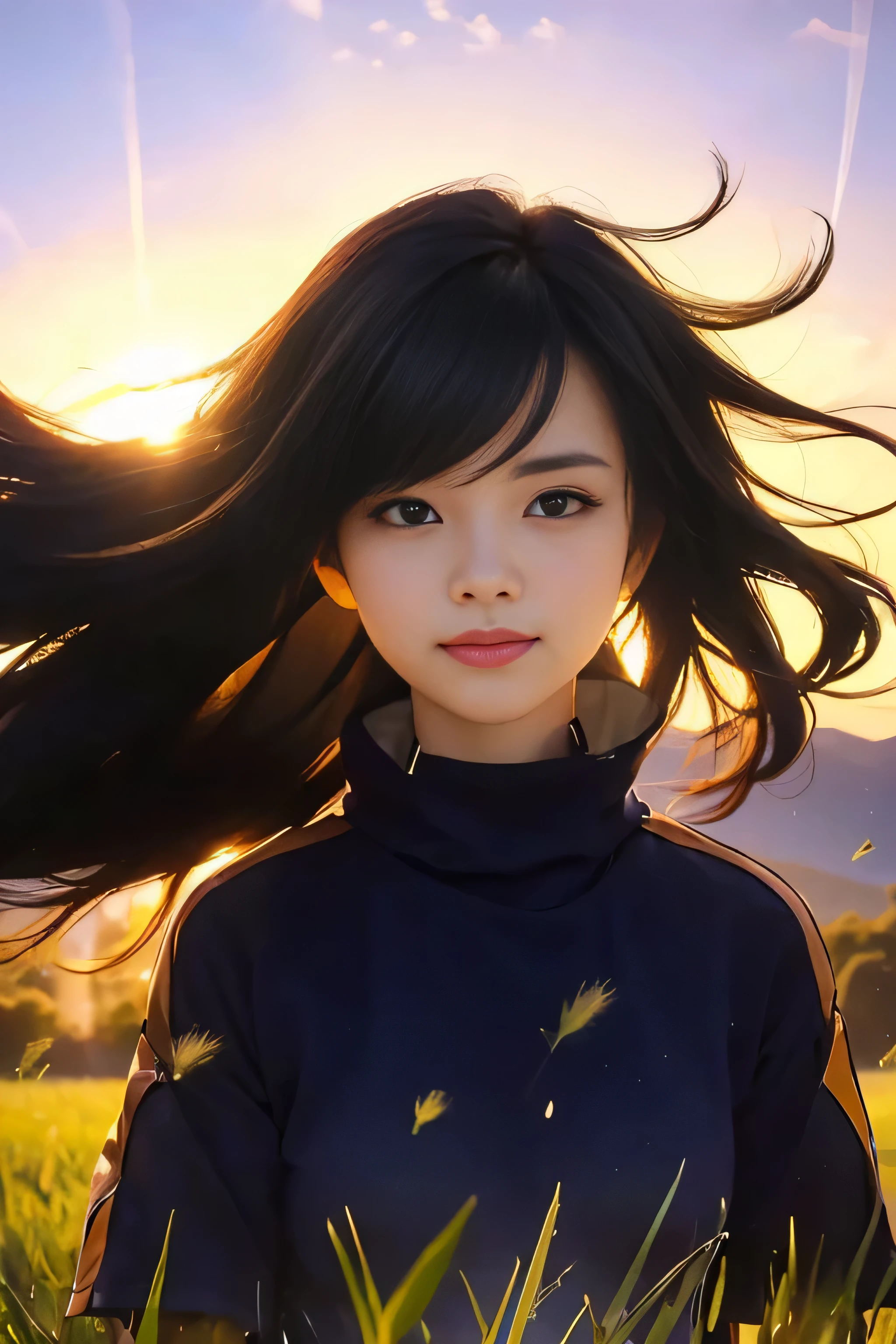 masterpiece, best quality, (realistic, photo-realistic:1.4), (RAW photo:1.2), extremely detailed CG unity 8k wallpaper, delicate and beautiful, amazing, finely detail, official art, absurdres, incredibly absurdres, huge filesize, ultra-detailed, extremely detailed,extremely detailed girl, extremely detailed eyes and face, light on face,little smile,long hair,(black eyes:1.7),long hair,black hair,grass field,sunrise,flower petals,wind blow
