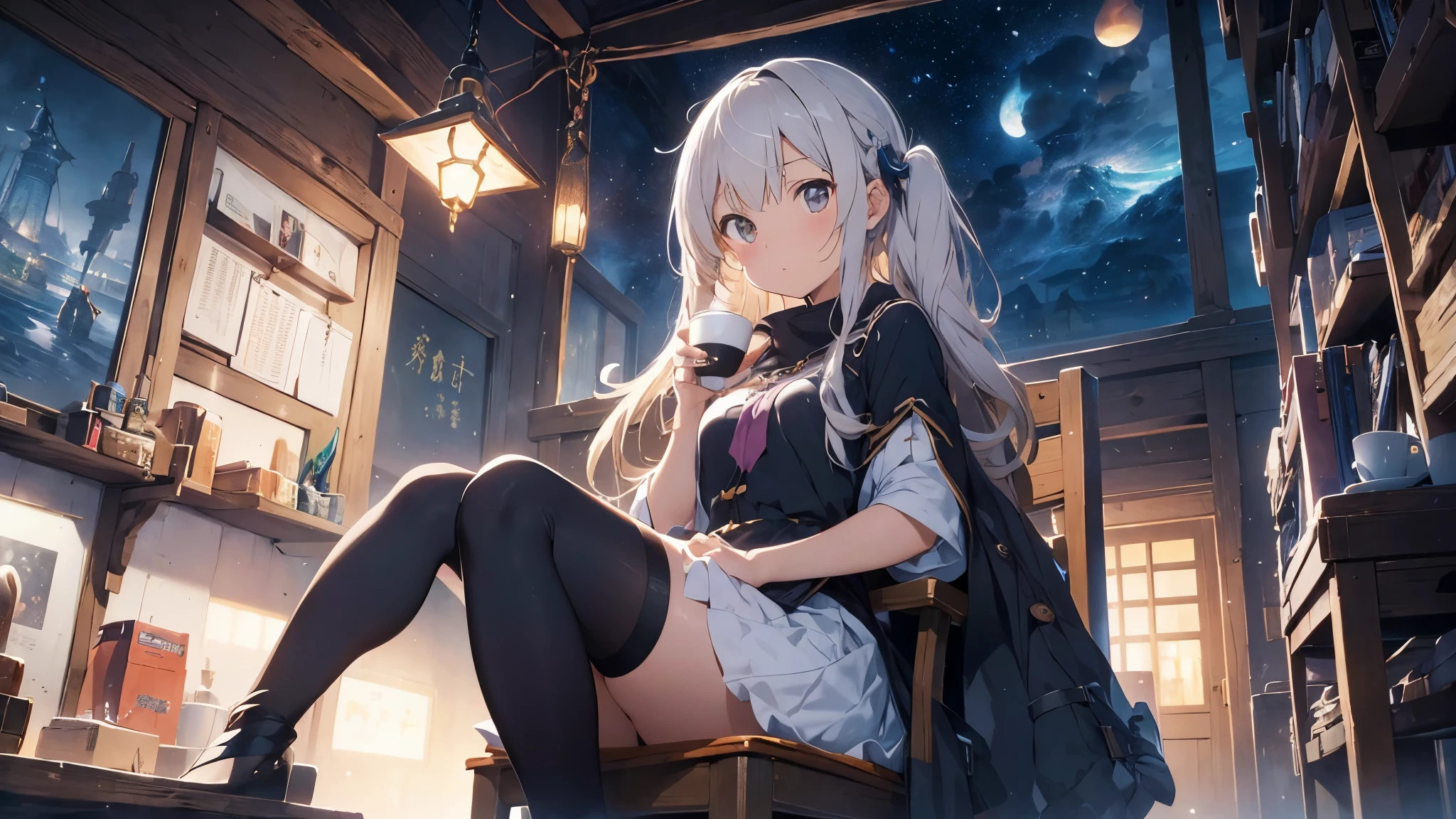 Anime girl sitting on chair with coffee cup in hand, alchemist girl, light novel cover art, official art, Epic light novel art cover, official artwork, epic light novel cover art, Change, Different world, small curve Change, Kushat Garland, Kushat Kulenz Critical Women in Art, shadow poetry style, Cute dwarf,