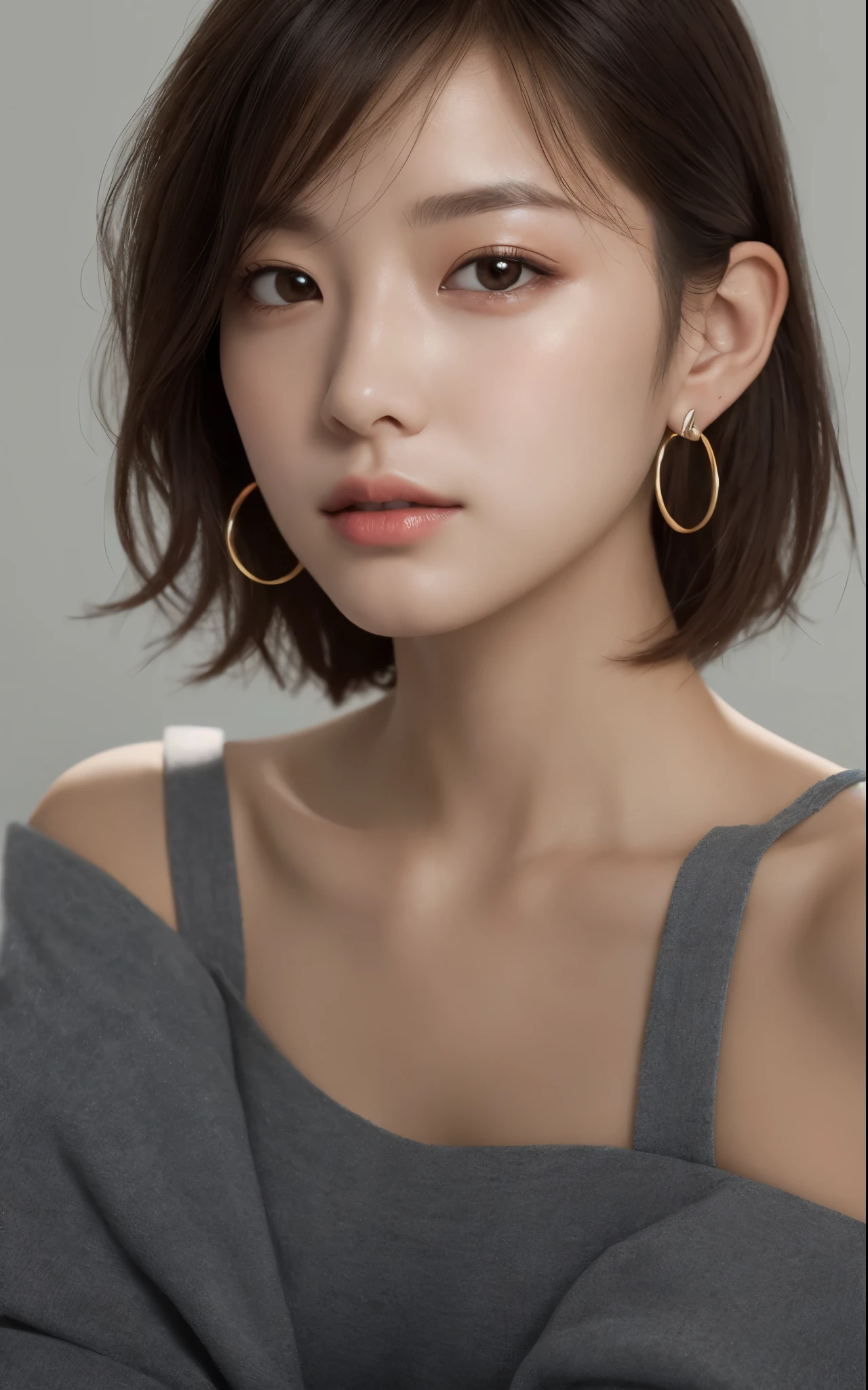 masterpiece, highest quality, Like a real photo、alone, 1 girl, glowing skin, hoop earrings, glamorous, quirky details, dry hair, short hair、fascinating, bare shoulders, long pants, shallow depth of field, contrasting, professional model, facing the front, portrait