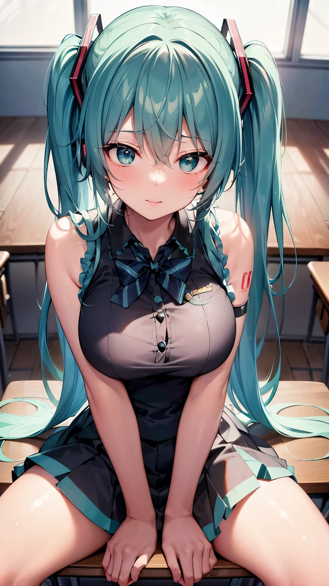 (Masterpiece,Super Detail,in 8K,best composition,rim lighting,photorealsitic,dynamic shot:1.5),view from below,solo,(Hatsune Miku,light blue twin tail:1.3),one eye closed,eye wink,beautiful detailed eye,looking at the camera,mischievous smile,shape of kissing lips,detailed shiny skin,big tits,(sitting on school desk,Spread legs apart,Place index finger vertically on lips,the other hand on tits:1.5),Blouse with exposed cleavage,gray and black check pattern skirt,cute bangles,dazzling sunset,Backlit,in school classroom,particles of light,secretly show