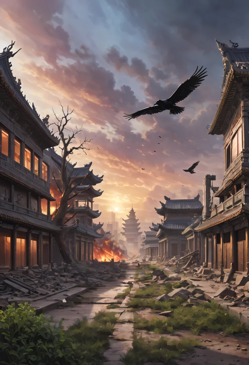 (best quality, 4K, 8k, high resolution, masterpiece: 1.2), Super detailed, (actual, photoactual, photo-actual: 1.37), future warrior, Bare tree, Old crow, West Wind Ancient Road, stare into the distance, sunset in ancient capital, well worn, mottled city wall, Overgrowth and wildfires, quiet and desolate, the forbidden city, Purple tone, Faded sunlight, Flashing shadows, birds flying at dusk, desolation and tranquility, Heroic and powerful, cold metal armor, glowing energy weapon, post apocalyptic background, future technology, neon lights, towering skyscrapers, floating hologram, Dystopian atmosphere, Last hope, Determination and resilience, The expression is solemn, fierce battle scenes, swirling dust and debris, ruins and wreckage, contrast between light and dark, Dramatic perspective, epic and monumental, vast and vast landscape, gloomy color scheme, Cinema-level lighting effects, Billions of years of history, Fusion of past and future.