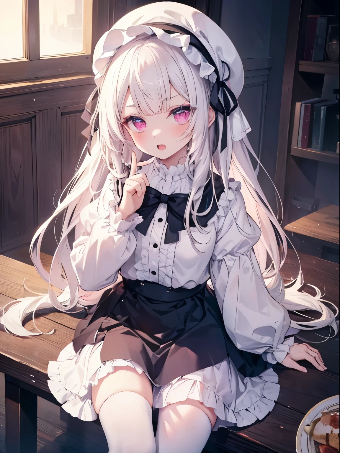on the table, best quality, (perfect face:1.1), (high detail:1.1), (Super detailed eyes), dramatic,  Ultra-detailed illustrations, Very detailed,1 girl in, (pale skin), happy, lol, enjoy,open mouth,glowing eyes,white hair, (long hair),ethereal eyes, pink eyes，(light eyebrows),blush, alone,Pouting,Cinema lighting,cowboy shooting,Lolita clothes, in Pink and white,frills, bow ribbon, long sleeves,knee socks, White background, from above,morning