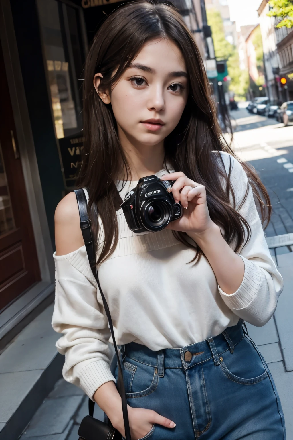 Masterpiece, highest quality, high resolution image of a woman holding a Canon S2 camera with a determined expression. The camera is in pristine condition, its metallic body glinting under the soft sunlight. Her hand gently touches the shutter button, ready to capture the perfect moment. She is dressed in casual attire, with her long brown hair cascading down her shoulders. Her eyes are focused intently on the viewfinder, a look of excitement and anticipation on her face. The background is blurred, drawing all attention to the woman and the Canon S2 camera.