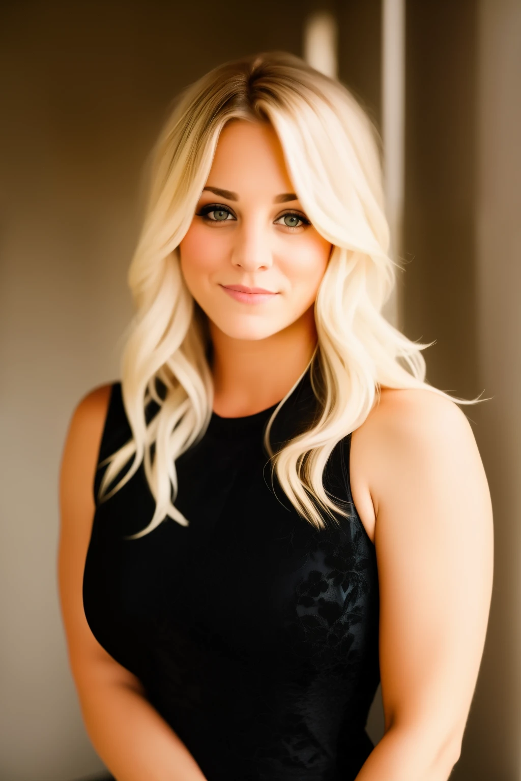 KaleyLoRA1, RAW photo, face portrait photo of beautiful 26 y.o woman, cute face, wearing black dress, happy face, hard shadows, cinematic shot, natural light, 50mm fuji film, film grain, texture