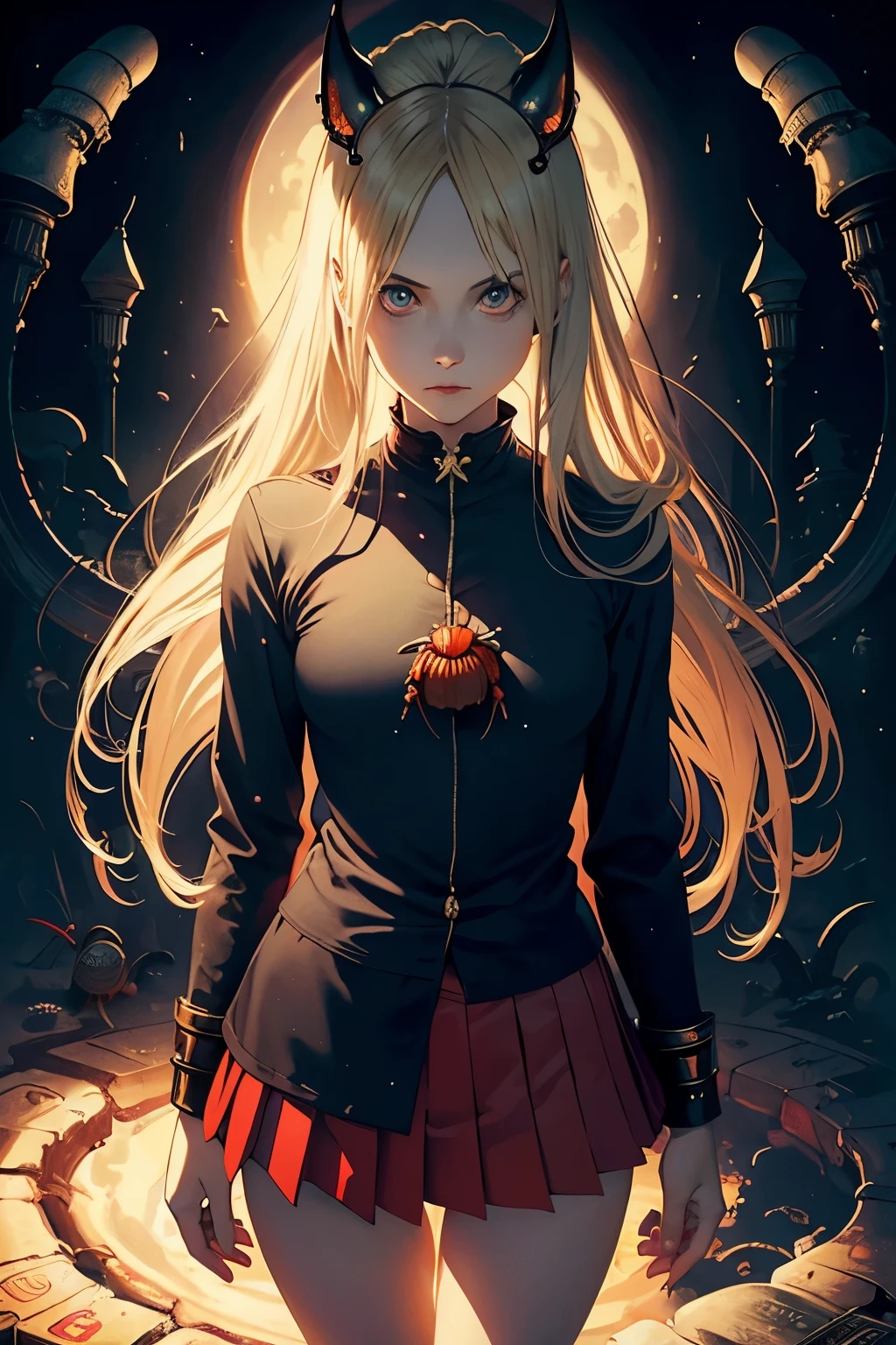 Alex Gross, Paul Wunderlich, Surreal, mysterious, strange, fantastical, fantasy, Sci-fi, Japanese anime, Hermit Crab Moon, blonde miniskirt beautiful girl Alice, perfect voluminous body, detailed masterpiece Hyper realistic sharp focus