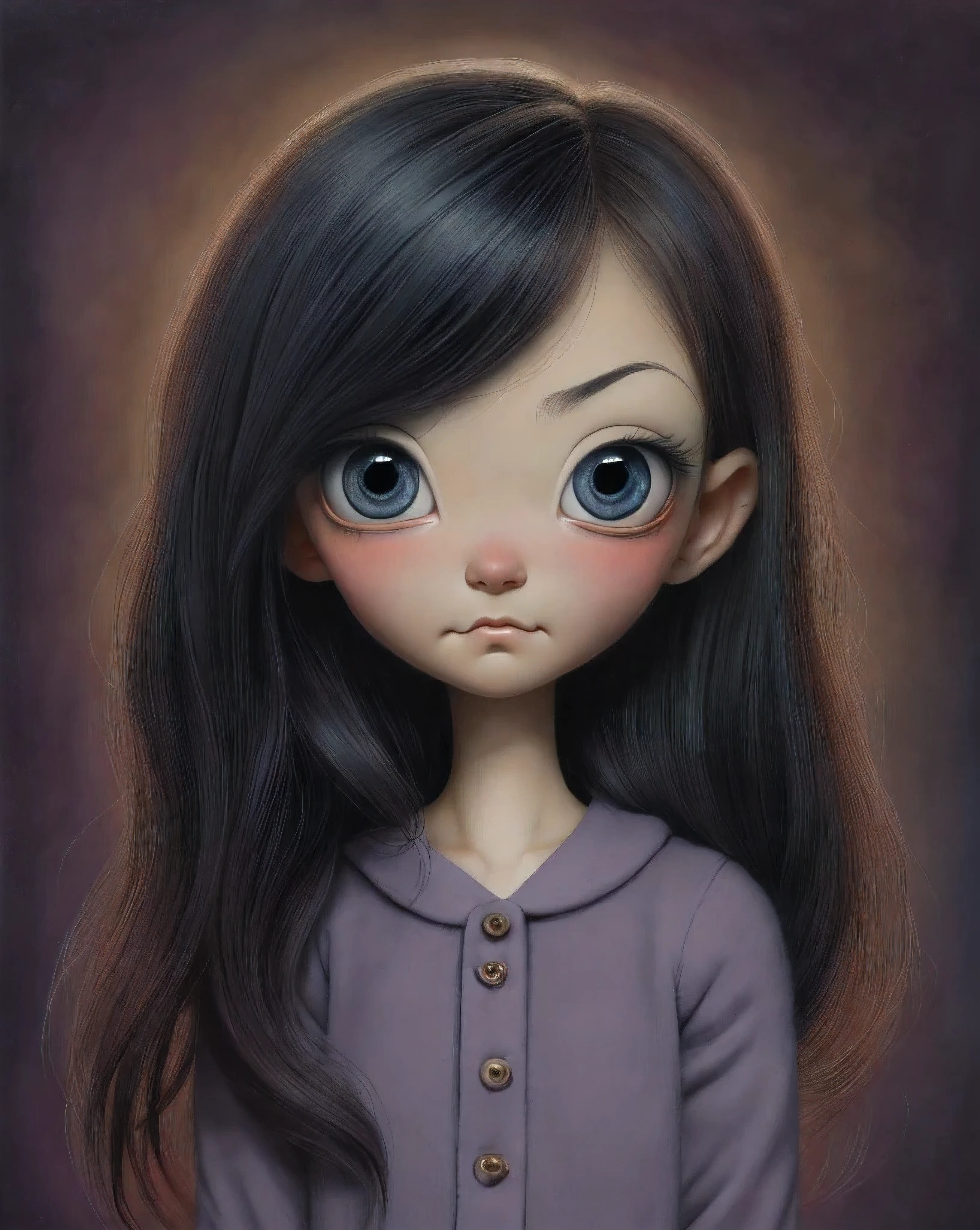 Un primer plano de una chica muy triste con el pelo largo (rubio) y los ojos grandes y azules, Anton Semenov, Mark Ryden muy detallado, Estilo Mark Ryden, Mark Ryden en el estilo de, Estilo de Mark Ryden, inspirado por Mark Ryden, Naoto Hattori, Adorable pintura digital, cara linda. DarkFantasy, Estilo Wlop Loish y Clamp, desnuda