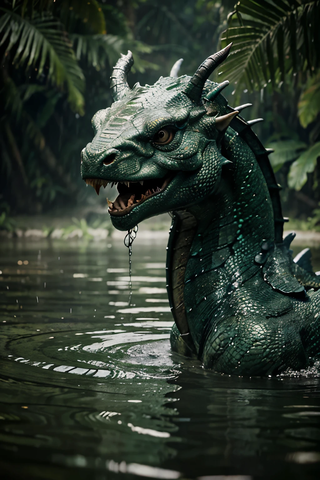 Photorealistic, super close-up zoom. It is raining. Dragon swims through murky water. Eyes just above water. The background is the jungle