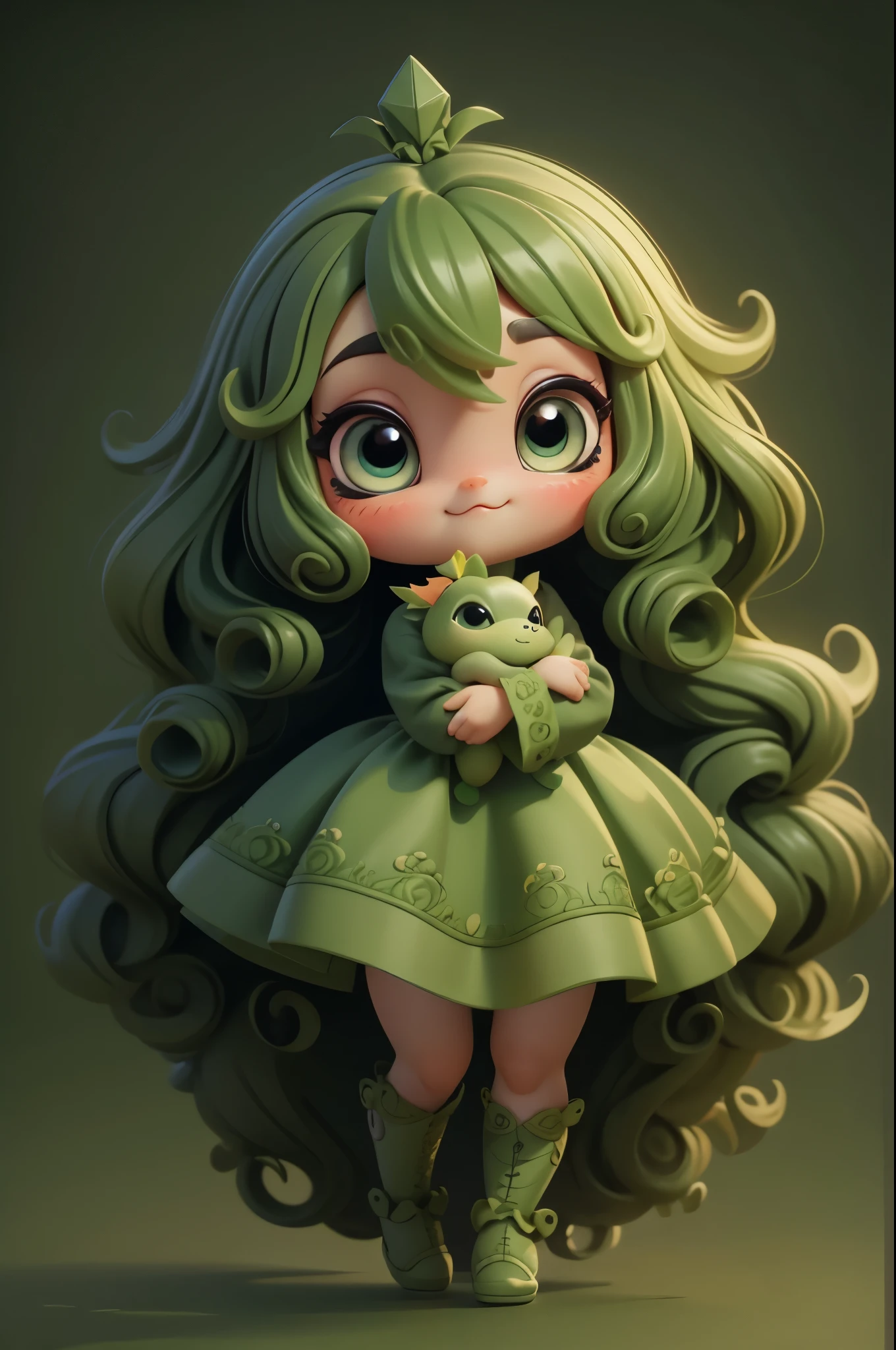 Create a line of adorable animal-themed chibi style dolls,Dress yourself up as a little green dinosaur,(best quality), ((masterpiece)), (high resolution),(happy),Happy,happy,Long curly hair。(intricate details) ,(8k), (exquisite eyes) (sharp focus),