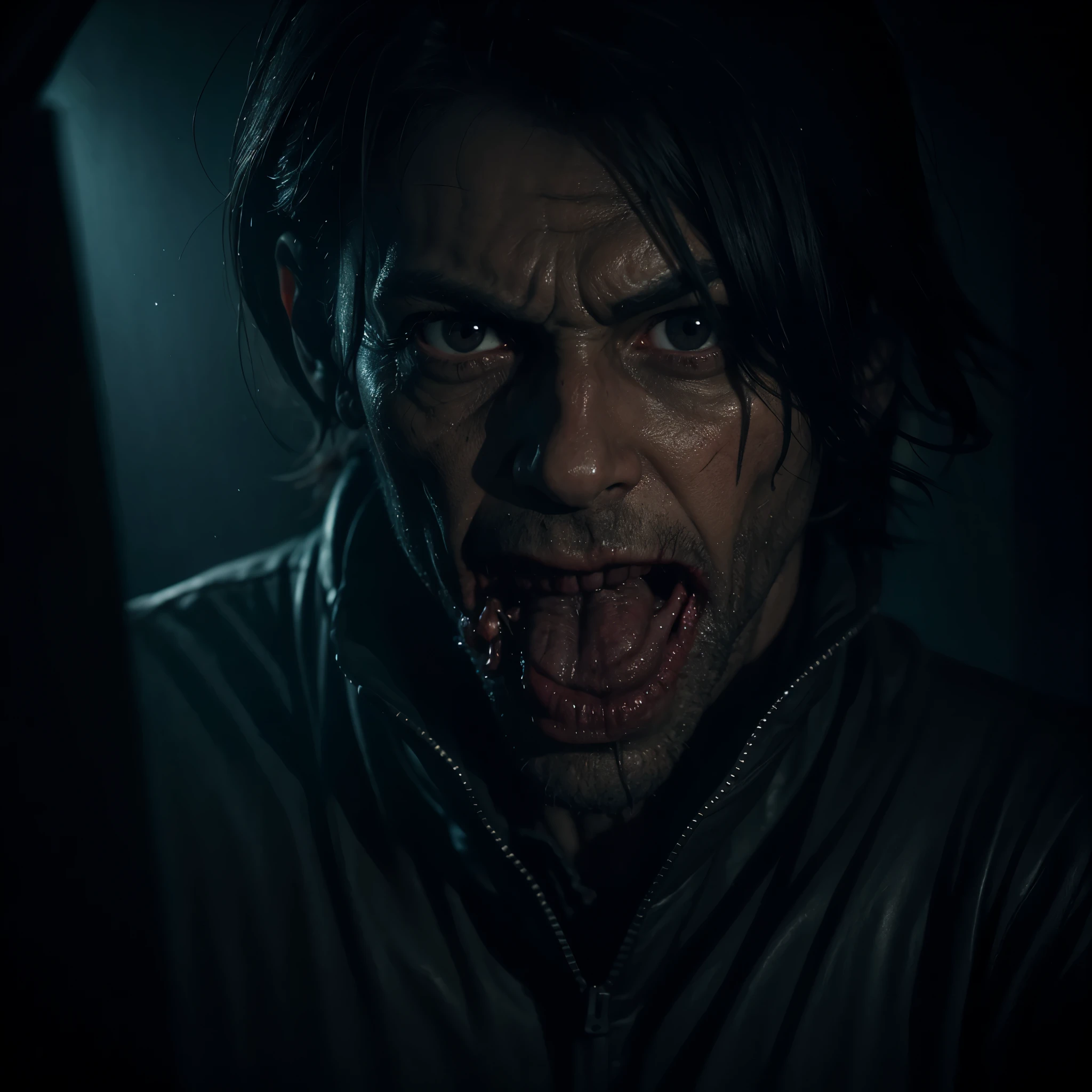 The zombie emerging from a dark room, zombie virus stage four, volumetric lighting, real life, highly detailed, low contrast --ar 9:16 --s 750,vibrent,extreme close up ,8k