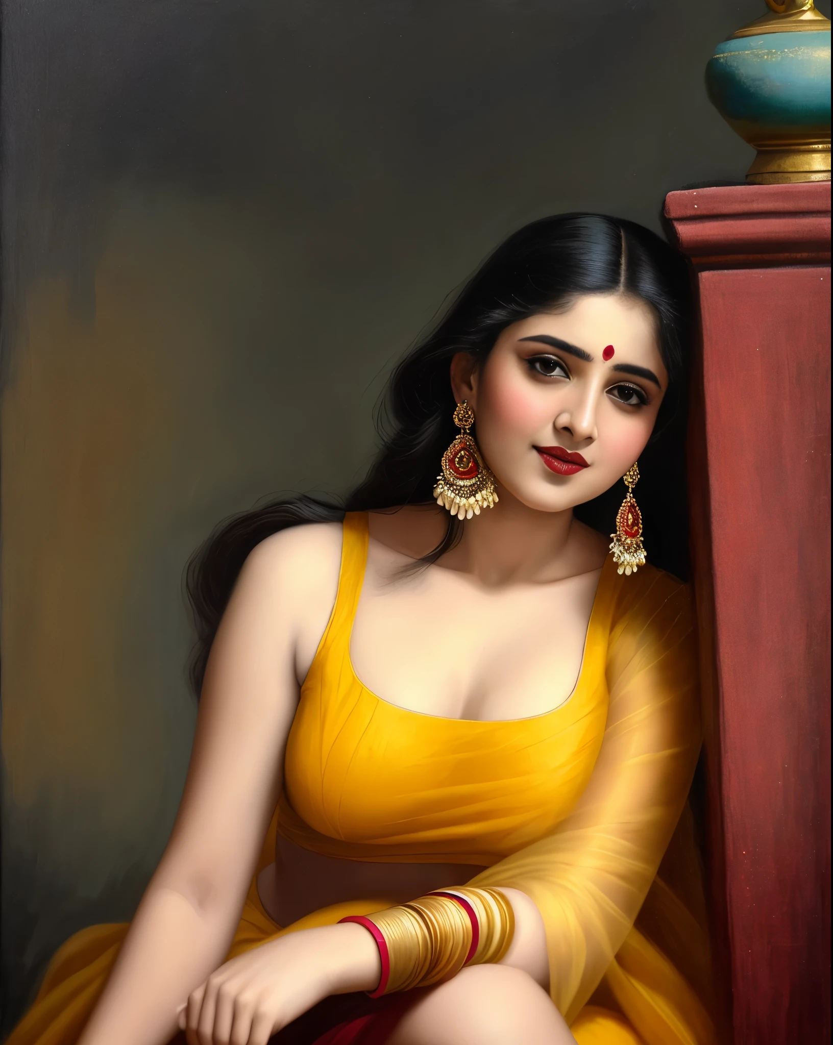 Masterpiece,8k uhd, hdr, realistic, hyper realistic, intricate, vibrant colour, painting of a woman in a yellow sari sitting on a chair, traditional beauty, inspired by Raja Ravi Varma, indian art, by Raja Ravi Varma, painting of beautiful, inspired by T. K. Padmini, painting of a woman, by Sardar Sobha Singh, gorgeous woman, oil on canvas painting, traditional painting, oil-painting
