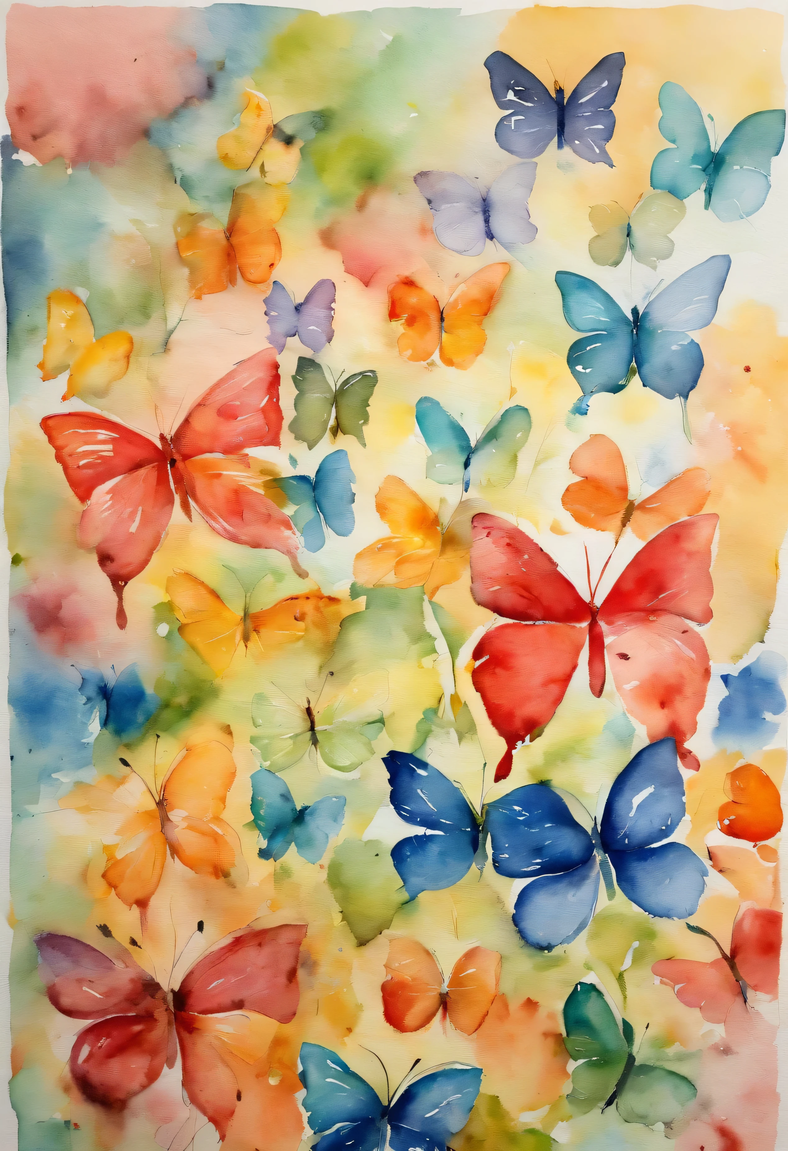 Charming 100% The reverse watercolor painting is filled with parts of a butterfly&#39;s wings, Scattered like colored paper on the canvas. There are hints of trees , And maybe a rose in the forest , Filled with Mary Cassatt&#39;s delicate strokes,&quot;These elements blend together harmoniously to create an enchanting painting, Inviting the viewer to immerse themselves . , Filled with Mary Cassatt&#39;s delicate strokes, The reverse watercolor technique creates an abstract and vivid representation, Watercolor reverse painting on handmade watercolor paper, --V 5
