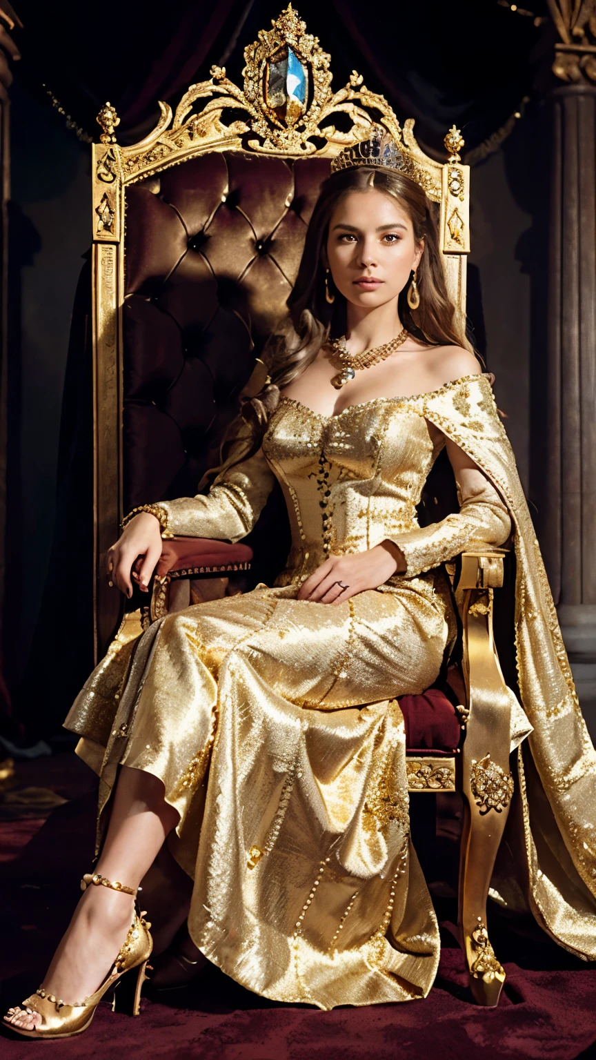 Full view, full body, Portrait in the style of historical oil paintings: European woman, 30 years old, very long blonde hair, slender, full body visible from feet to head. Seated on a medieval throne, front position, dressed with elaborate and richly adorned long dress with long sleeves and trains. The dress is made of luxurious materials like silk, velvet, and satin, embroidered with gold and silver threads, and embellished with pearls and precious stones. The color is a deep royal gold, symbolizing wealth and high status. She wears a long fur-lined cape with elaborate motifs, adding a touch of majesty. Her jewelry includes a crown with precious stones, necklaces, earrings, bracelets, and rings all in gold and studded with precious stones. Her blond hair is adorned with precious hairpins and pearl-ornamented nets. Her shoes are as elegant as the rest of the outfit, embroidered to match the dress. The throne is wooden with gold leaf details, set against a dark, complex background. In a medieval room, soft frontal lighting, no reflections, focus on extreme detail (skin pores, fabric texture, throne intricacies). Aim for realism, 8K resolution detail, skin pore visible, (Very detailed RAW photo), (Extremely detailed skin, photorealistic, heavy shadow, Main light, Fill light), sharp focus, cinematographic, imperfect skin, Tissues, Textures, detailed face, detailed skin, detailed fingers, NaturalHand2-3500, analog film photo Deep photo, depth of field, Ferrania P30 Film, shadow, perfect face and body, low light, flash camera, washed-out film, desaturated, 35mm photo, grainy