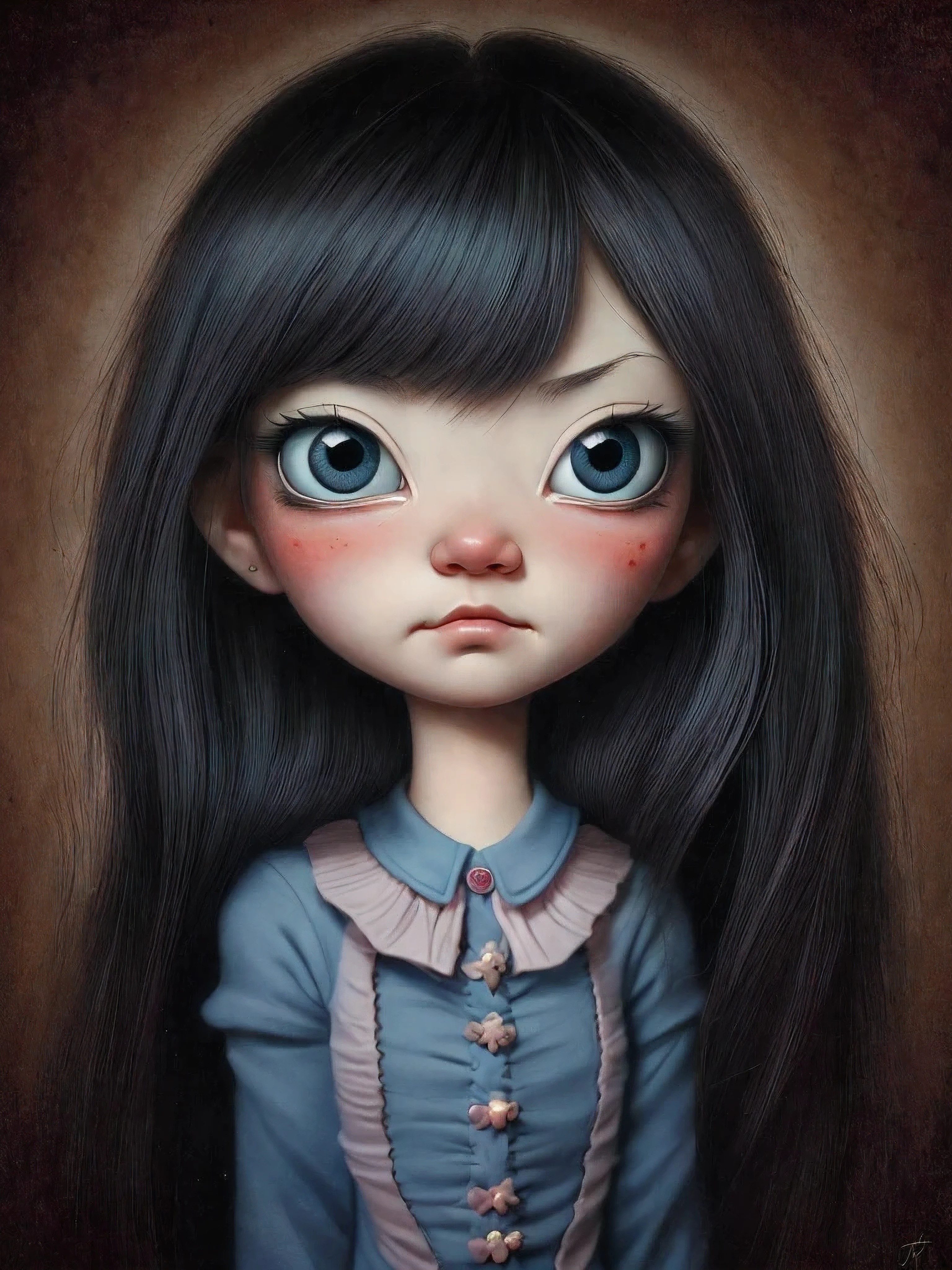 Un primer plano de una chica muy triste con el pelo largo (rubio) y los ojos grandes y azules, Anton Semenov, Mark Ryden muy detallado, Estilo Mark Ryden, Mark Ryden en el estilo de, Estilo de Mark Ryden, inspirado por Mark Ryden, Naoto Hattori, Adorable pintura digital, cara linda. DarkFantasy, Estilo Wlop Loish y Clamp, desnuda