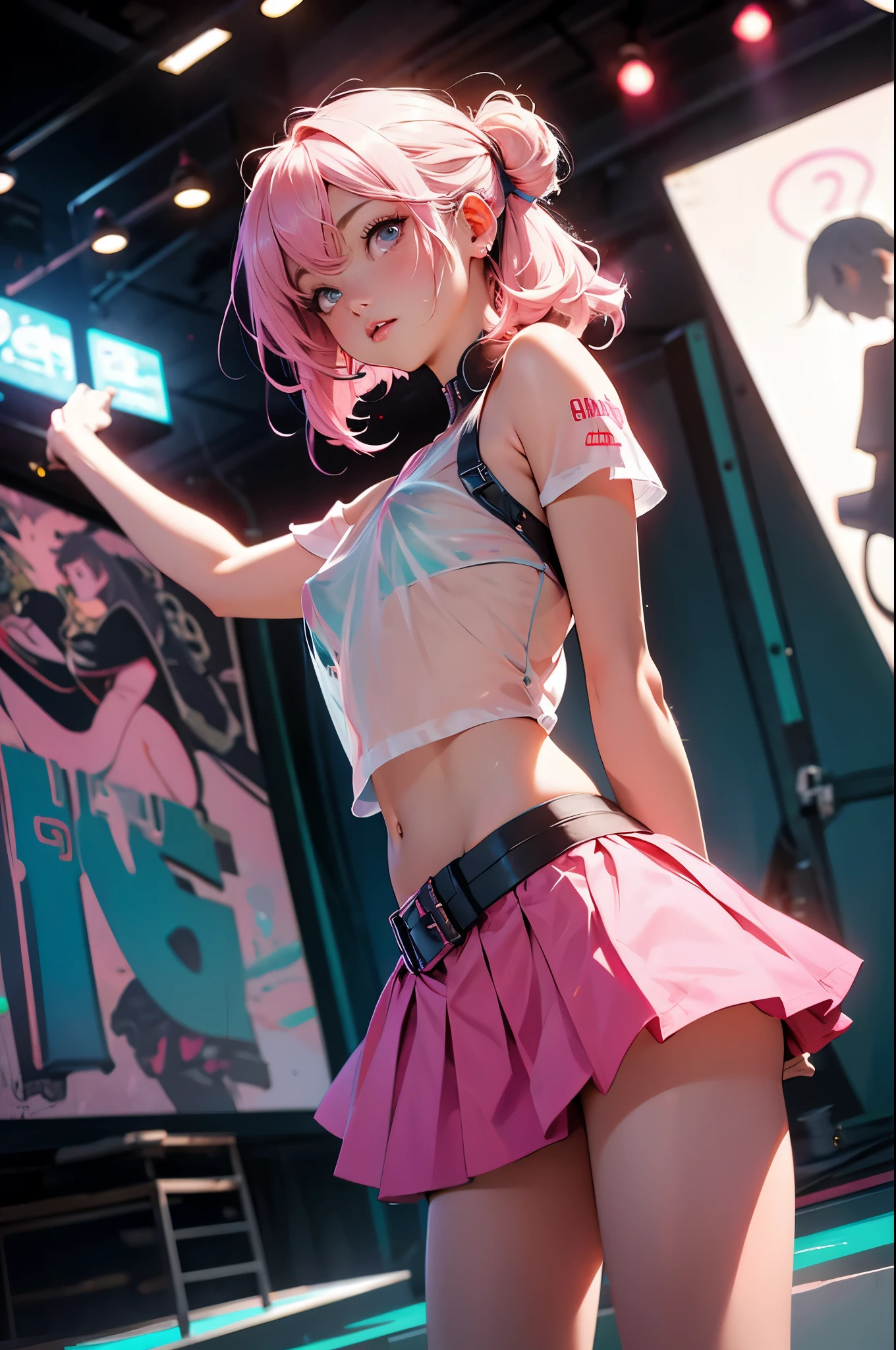 (quality)), ((masterpiece)), Recommended results、Puffy nipples、(see through:1.5)、straighten your back、abdominal muscles、huge bust、angle to floor:1.2、low camera angle、Hair loss on crotch,Hatsune Miku,Foreshortening, depth of field, main part, 最好的quality, 1 girl, pink hair, teal eyes, medium hair, floating,pink ray, alone, looking at the audience,pink skirt, flight, Weak sunlight,