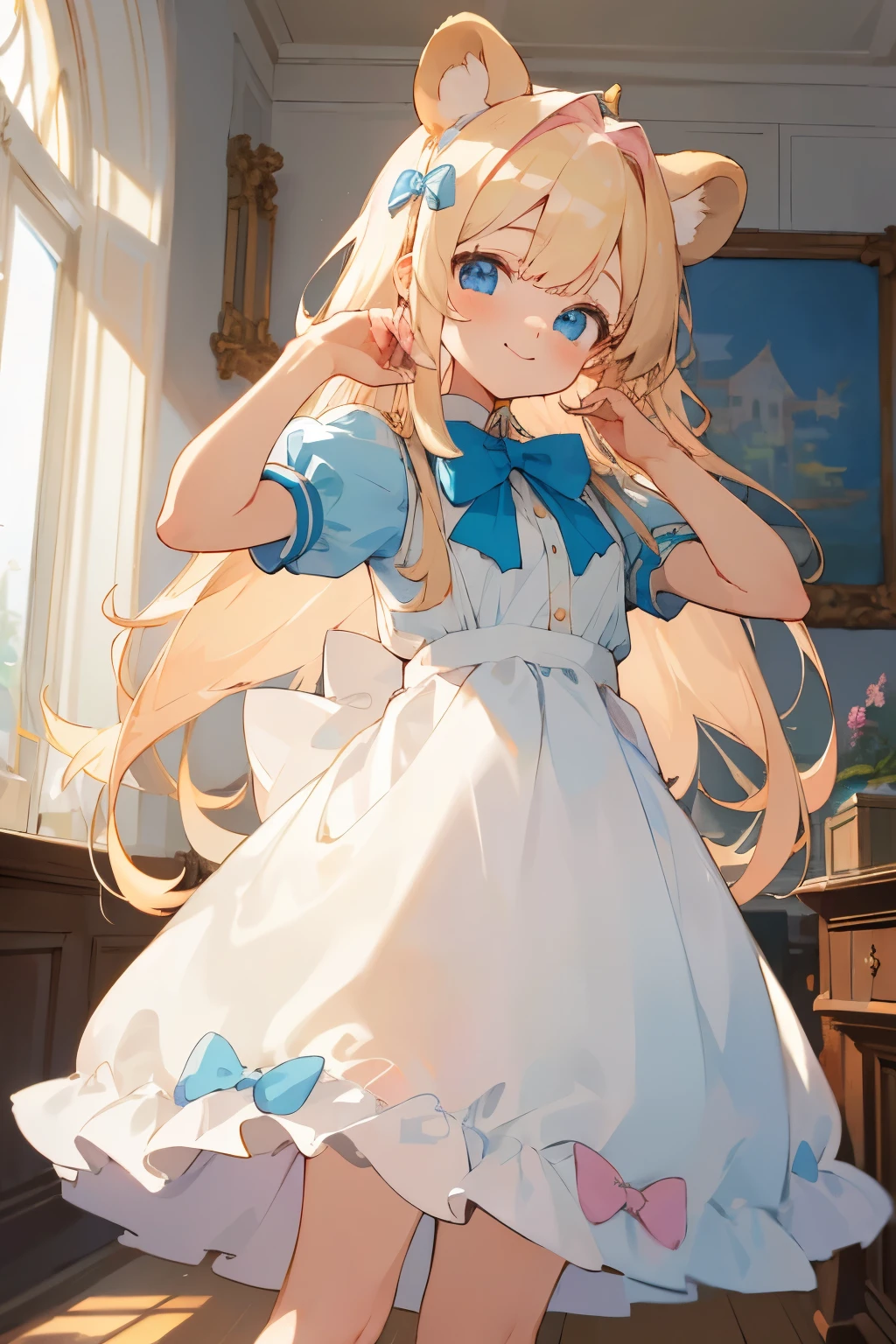 (((masterpiece))),highres,absurdres,(((best quality))),official art,perfect lighting,looking at viewer,aquarium,indoors,
1girl,light smile, thin waist, bear ears, animal ears, long hair, blonde hair, blue eyes, angelic eyes, round eyes, pastel color, (PastelColors: 1.3), cute dress, white dress, blue apron, bow tie, random pose