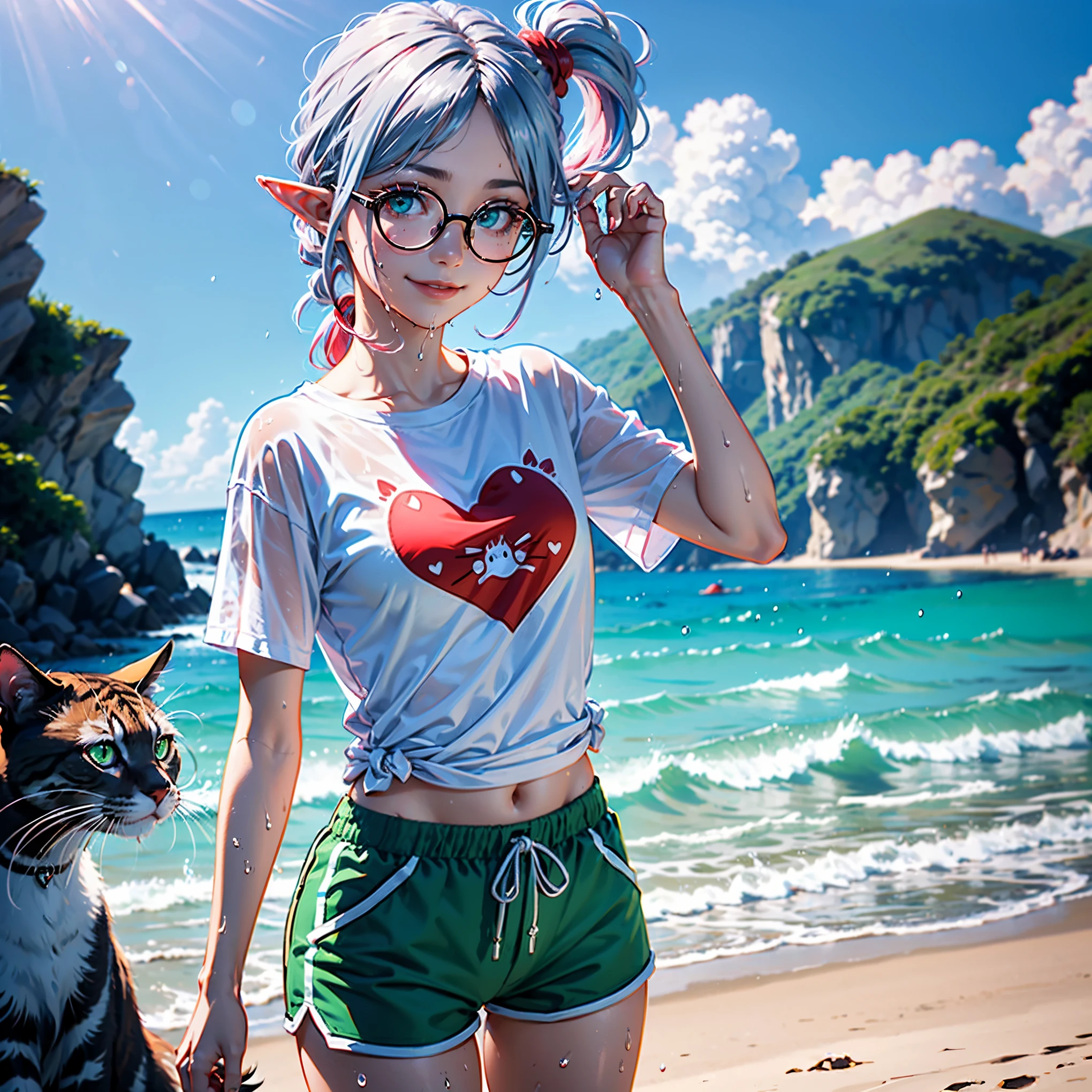 subject far from camera, rough draft leonardo da vinci style, (japanese elf Female), bright Sunlight, (wet long silver Pink blue hair tied in back in a ponytail),(red wet tshirt and shorts), cat logo on shirt,(on the beach),(masterpiece), splashing water at viewer in ocean,
beautiful lighting, (Ultra-detailed Slim body), (Beautiful hair, detailed hair),Small green eyes, (small round glasses), Cute smile